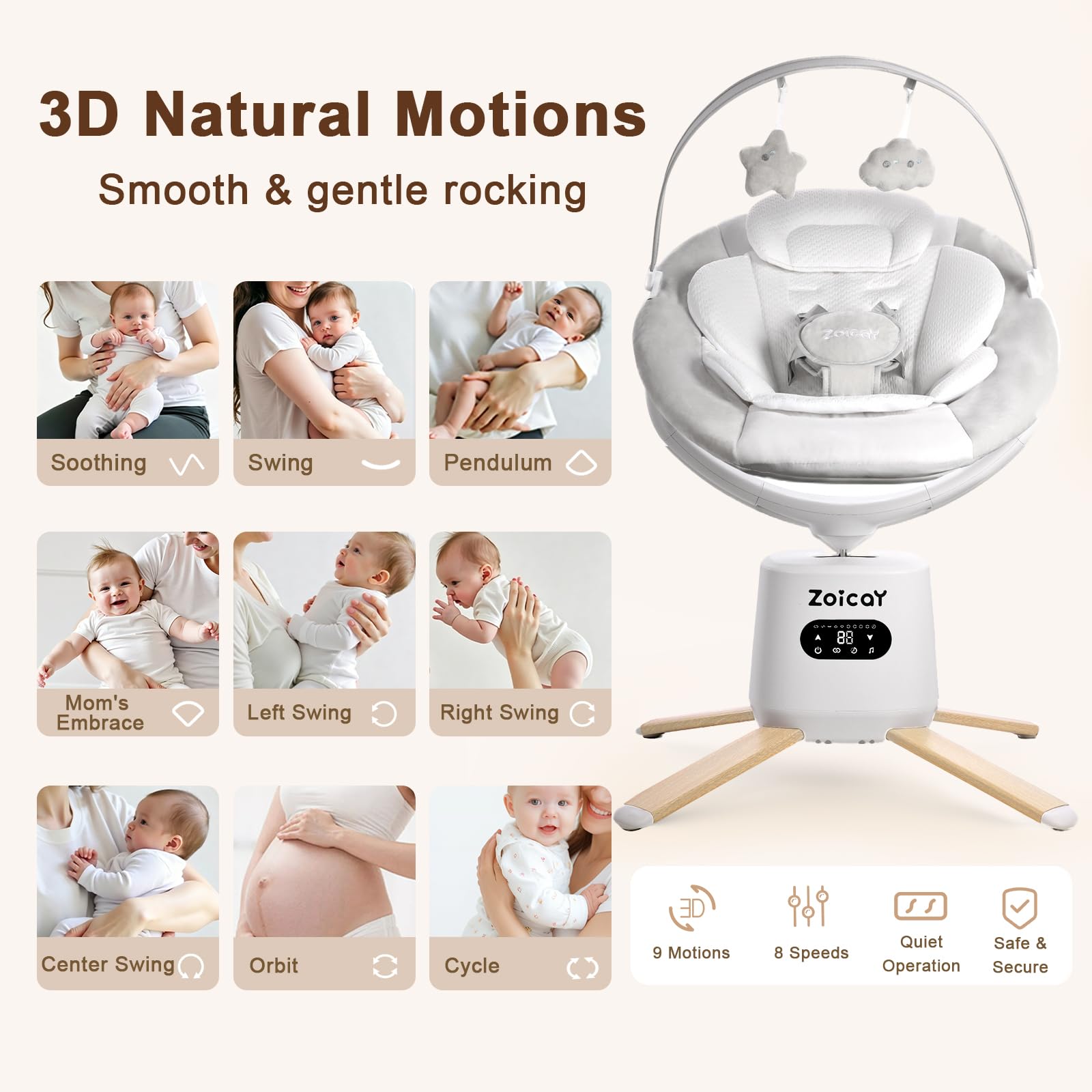 Mecedora Electrica con 9 Modos 8 Velocidades para recién nacido 0-9 Meses | Sillas Mecedora para Bebe 360° Asiento & Inclinación Ajustable, Función de Temporización Música Mando a Distancia y Bluetooth