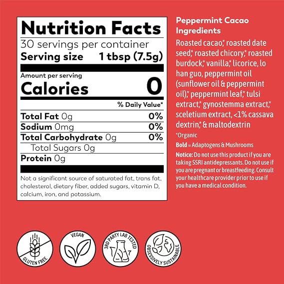 RASA Peppermint Cacao Adaptogenic Mushroom Coffee Alternative | Vegan, Keto, Whole 30, Ayurveda Wellness Tonic with Chaga + Reishi (8 oz. / 30 Servings)
