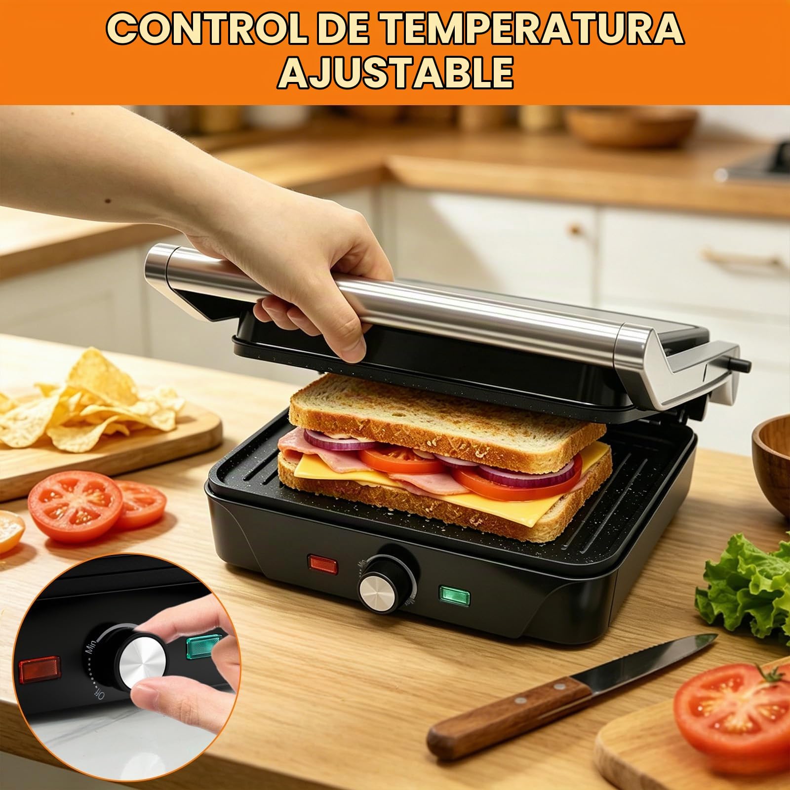 Parrilla Eléctrica, Grill, Sandwichera y Panini 2000W, Regulador de temperatura, apertura 180º, antiadherente, placa superior flotante, Cajetín Recogegrasa, 28 x 25 cm
