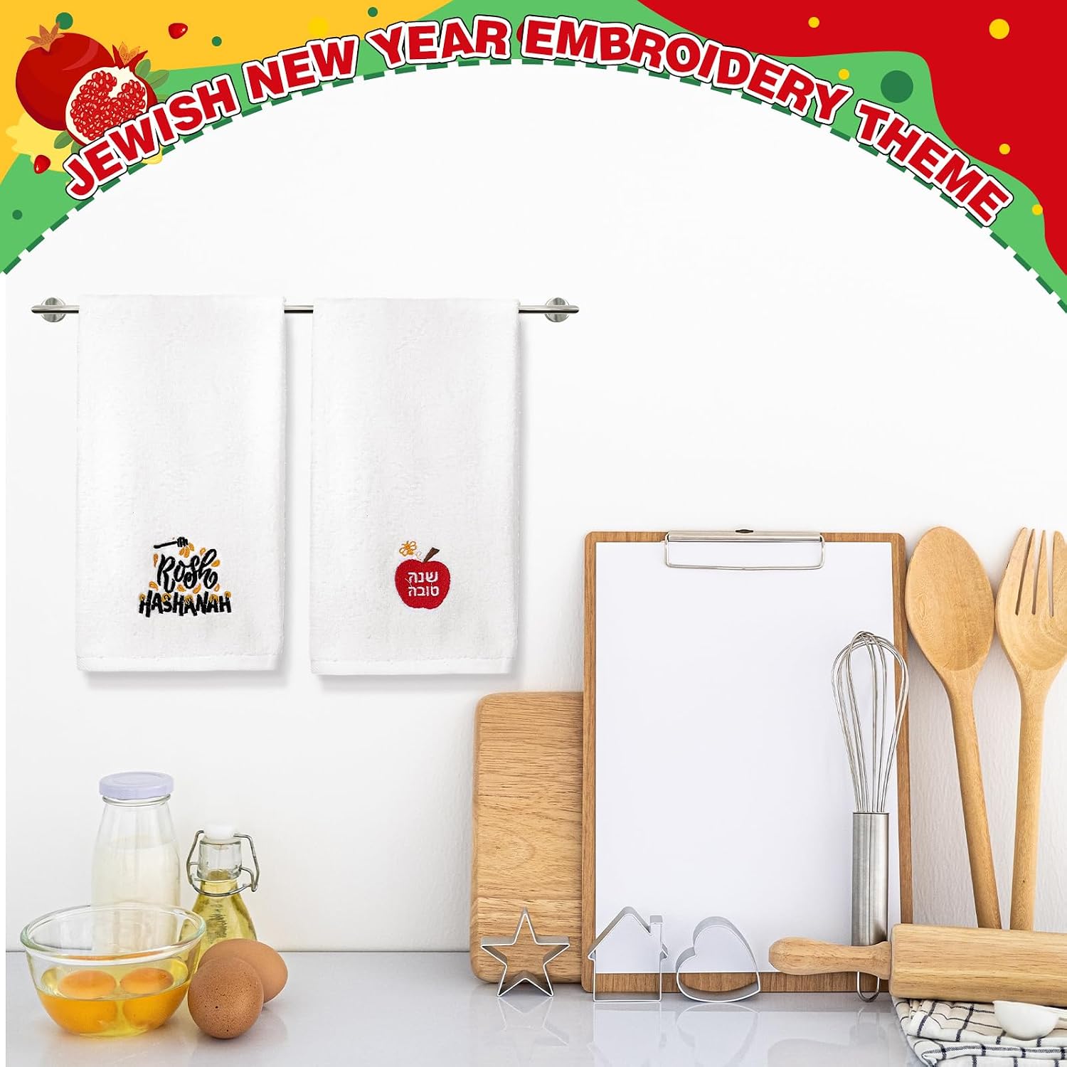 FuWeave 3 Pcs Embroidered Rosh Hashanah Hand Towel for Kitchen Cotton image 4