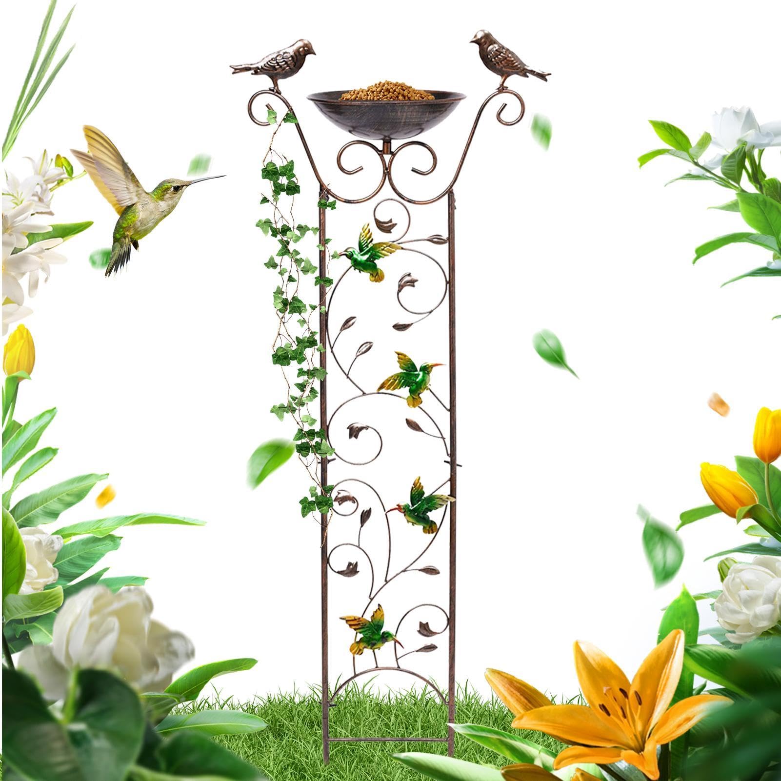 Vogeltränke und Futterspender aus Metall, dekoratives Vogelbad aus Metall,Outdoor-Vogeltränke für Kletterpflanzen - Multifunktionale kleine Gartenpflanzenstütze, abnehmbare Vogelfutterschale, Vogelträ