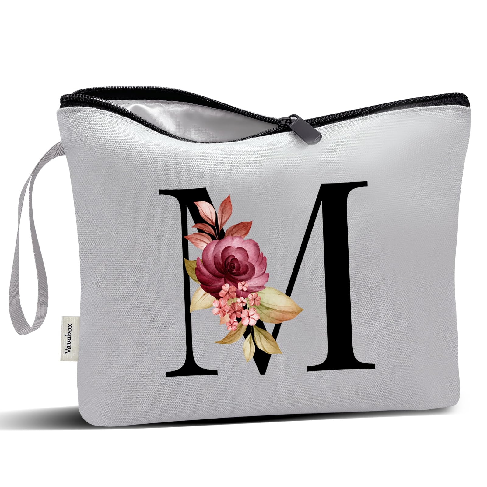 Vavabox A-Z Personalized Makeup Bag, Birthday Gifts for Women Mom, Gifts for Best Friend, Bride Bridesmaid Cosmetic bag (M, Grey)