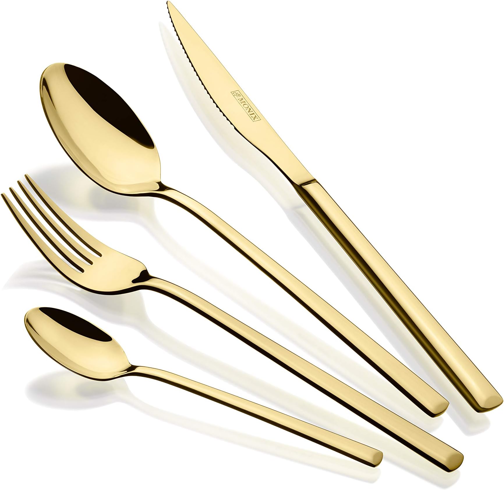 MonixVerona Gold 24-Piece Cutlery Set, Polished Finish Shiny Gold, 18/10 Stainless Steel, Modern and Cutlery Design, Thickness 3 mm