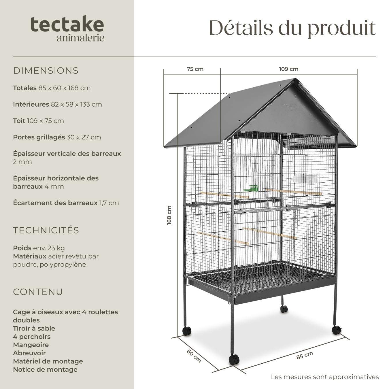 tectake® Cage à Oiseau avec Toit Voliere Oiseaux Interieur Cage Perroquet sur roulettes 85x60x168cm avec bac à Sable, Grand mangeoire & 4 perchoir Oiseaux, idéal Perroquet Perruche canari calopsitte