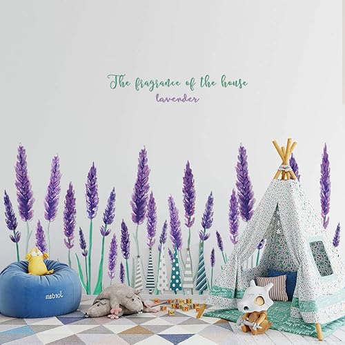 Miniatura 5 de Amaonm - Calcomanía de pared removible de lavanda morada, flores frescas con letras para pared, despegar y pegar, decoración artística para niños,