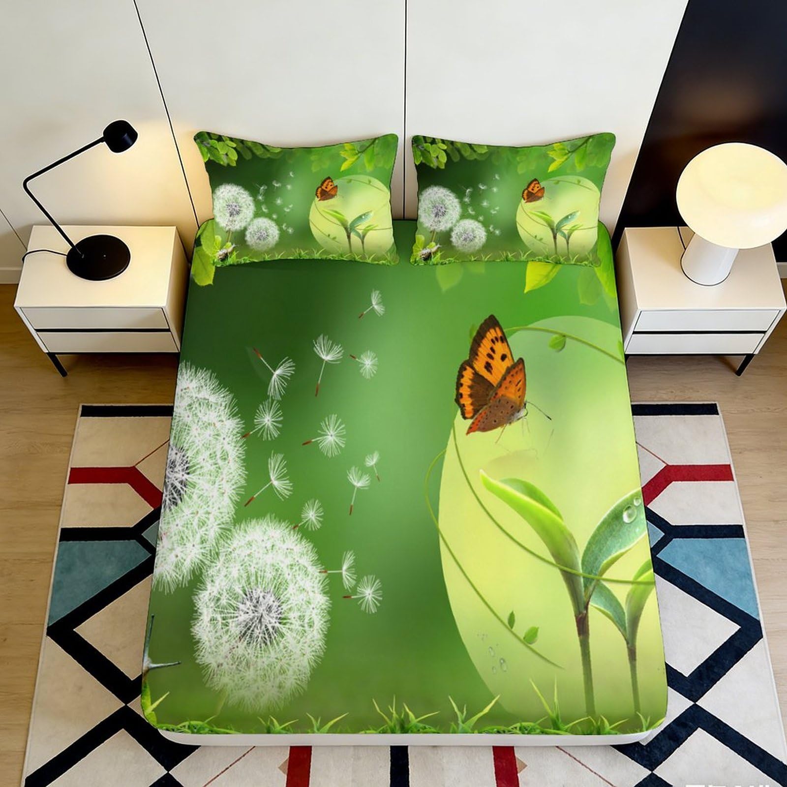 3D Printed Dandelion Butterfly Fitted Sheet Microfiber Green Mattress Cover for Bedroom Dorm Decor Easy Care 90x200x25cm
