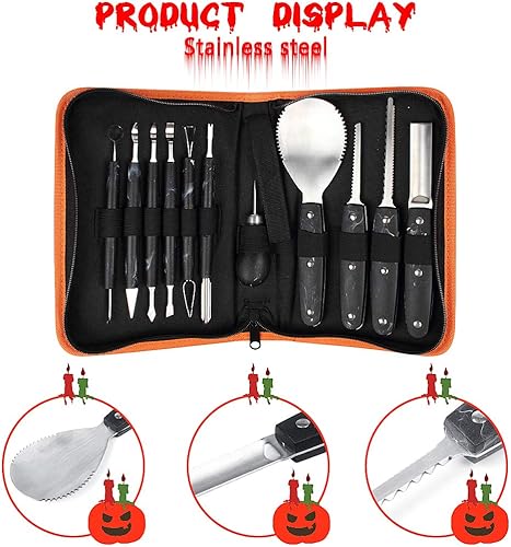Miniatura 9 de Kit profesional de tallado de calabaza, 11 piezas de herramientas de tallado de acero inoxidable resistentes para Halloween con estuche de