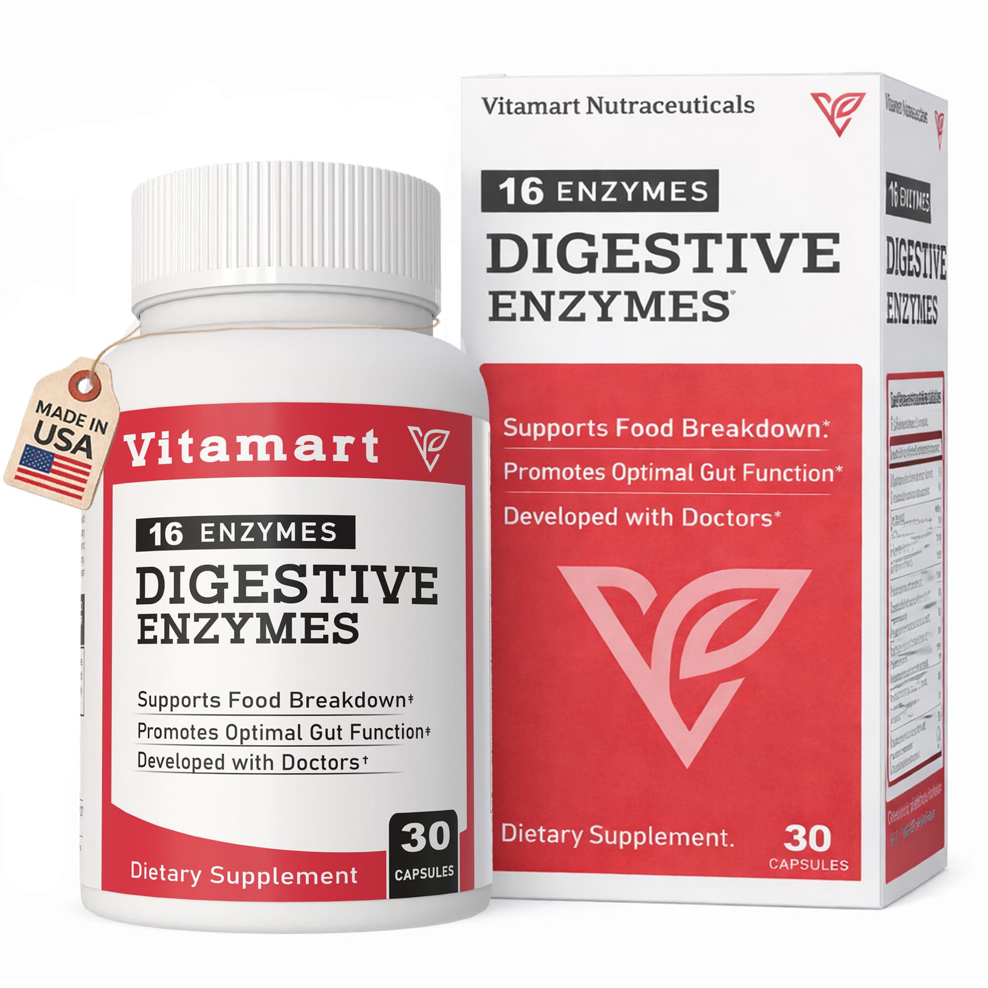 Vitamart Suplemento de Multi-enzimas com Bromelina, Papaína e Lactase, 30 cápsulas