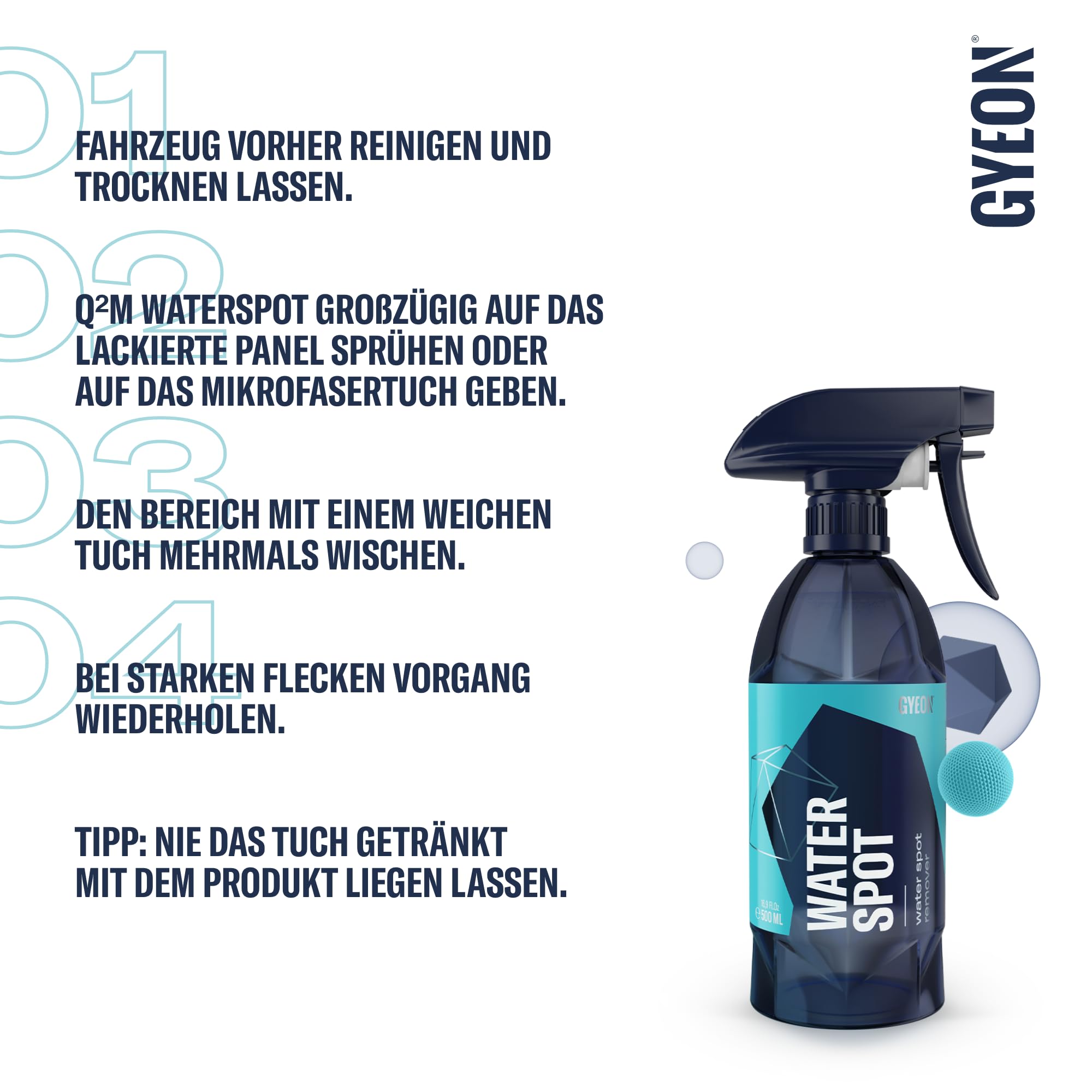 GYEON Q²M WaterSpot – Wasserfleckenentferner für Lack und Glas, sicher auf Beschichtungen, entfernt Kalkrückstände, klare Sicht und glatte Oberfläche (500 ml)