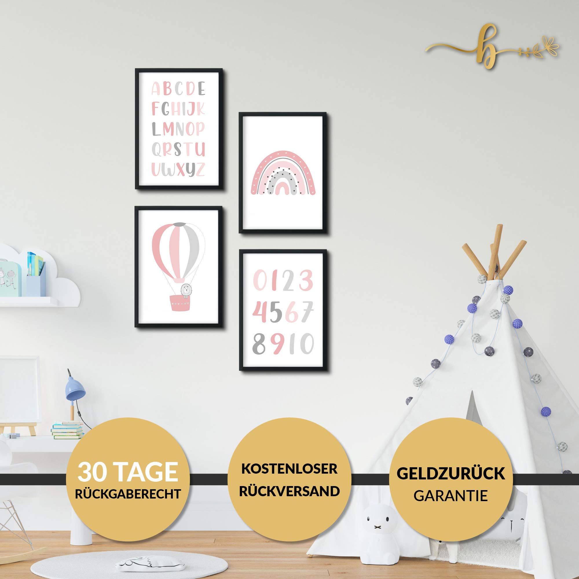 Lot de 4 posters décoratifs pour chambre d'enfant - Pour chambre de bébé garçon et fille - 4 images encadrées dans un cadre noir en bois - 4 x DIN A4 - « Alphabet Rose »
