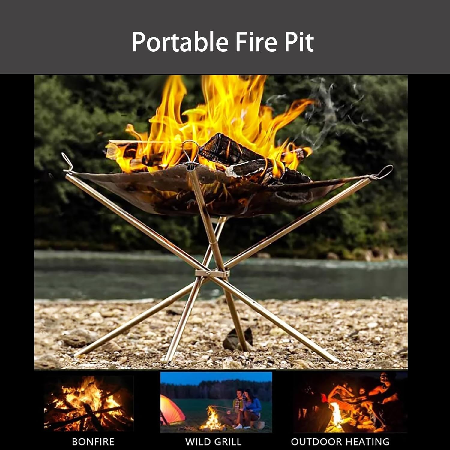Portable Fire Pit for Camping - Compact Camping Fire Pit with Carrying Bag, Outdoor Wood Burning BBQ Grill for Backyard, Camping, Beach (22 * 22 * 17 in)