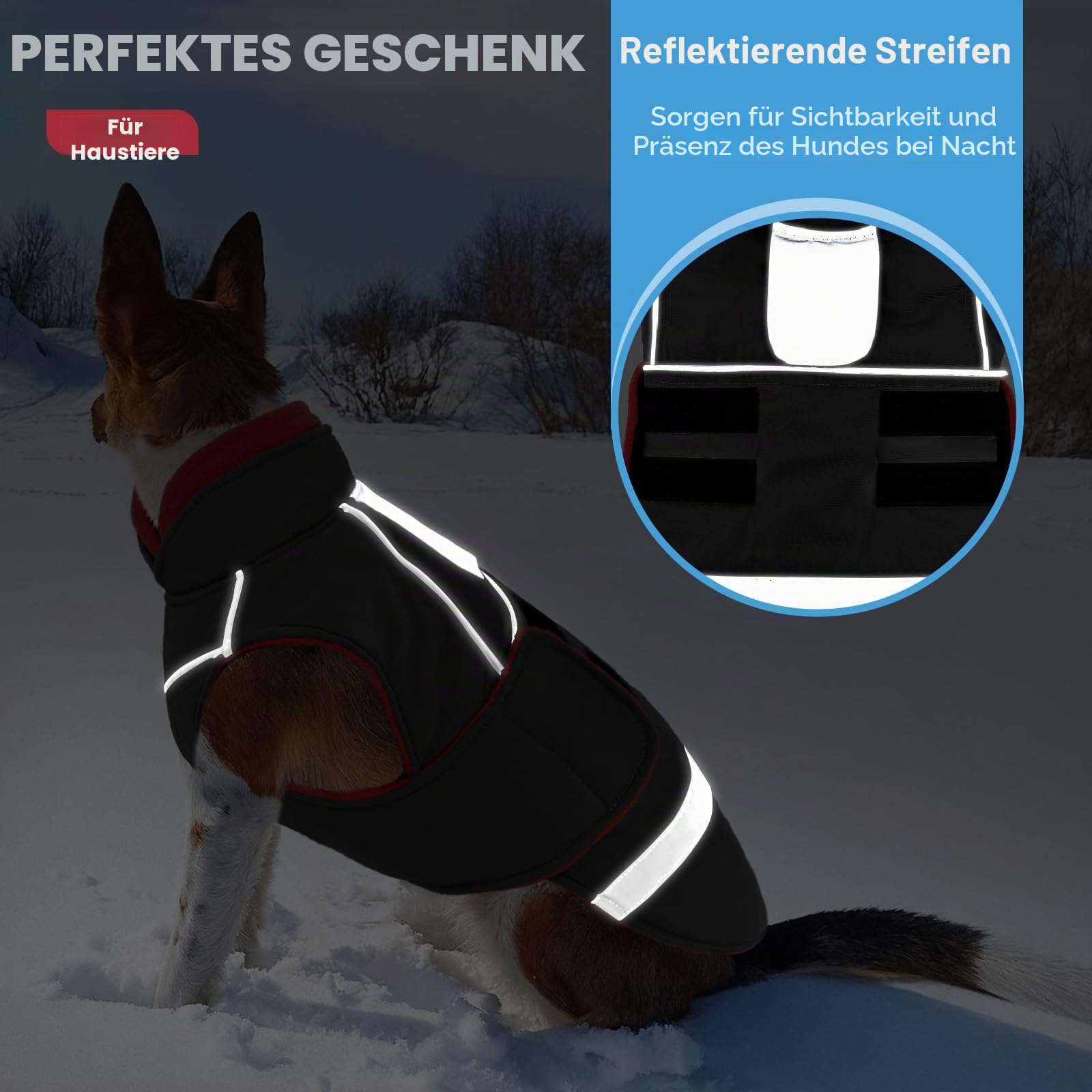 CITÉTOILE Wasserdichter Hundemantel mit Leinenöffnung Schwarz L | Zweifarbige Hundejacke mit Klettverschluss, Warm Winter Hundekleidung mit Reflektoren, Wintermantel mit Bauchschutz für Hunde