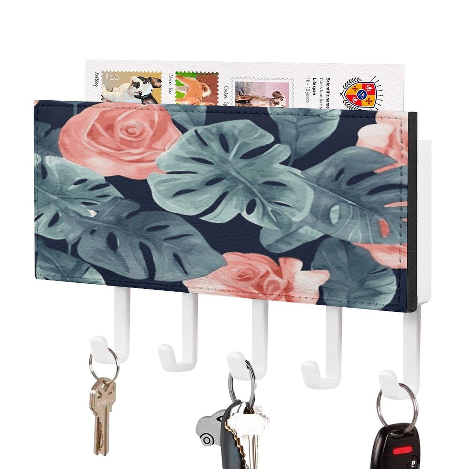 MUSM Watercolor Monstera Pattern Key Holder for Wall,Mail Organizer Wall Mount with 5 Hooks,Easy Installation Key Rack for Home Decor, Hallway, Entryway, Appartment