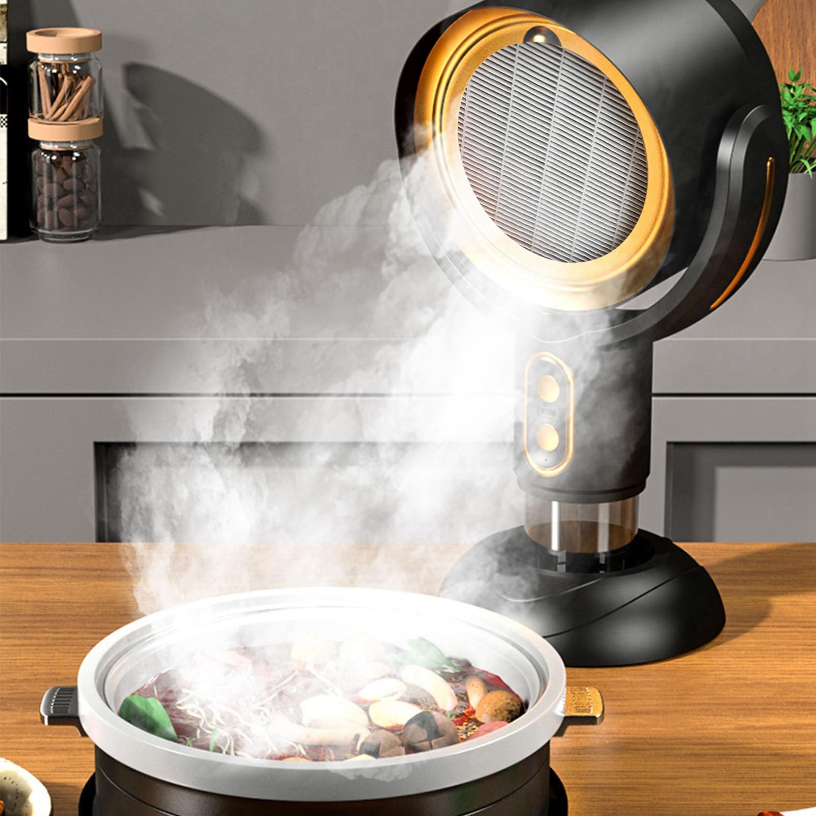 Cappa da cucina da tavolo, aspiratore da cucina portatile a ioni negativi a 2 velocità, filtro rimovibile per barbecue interno, pentola calda 5 V 8 W (Oro Nero)