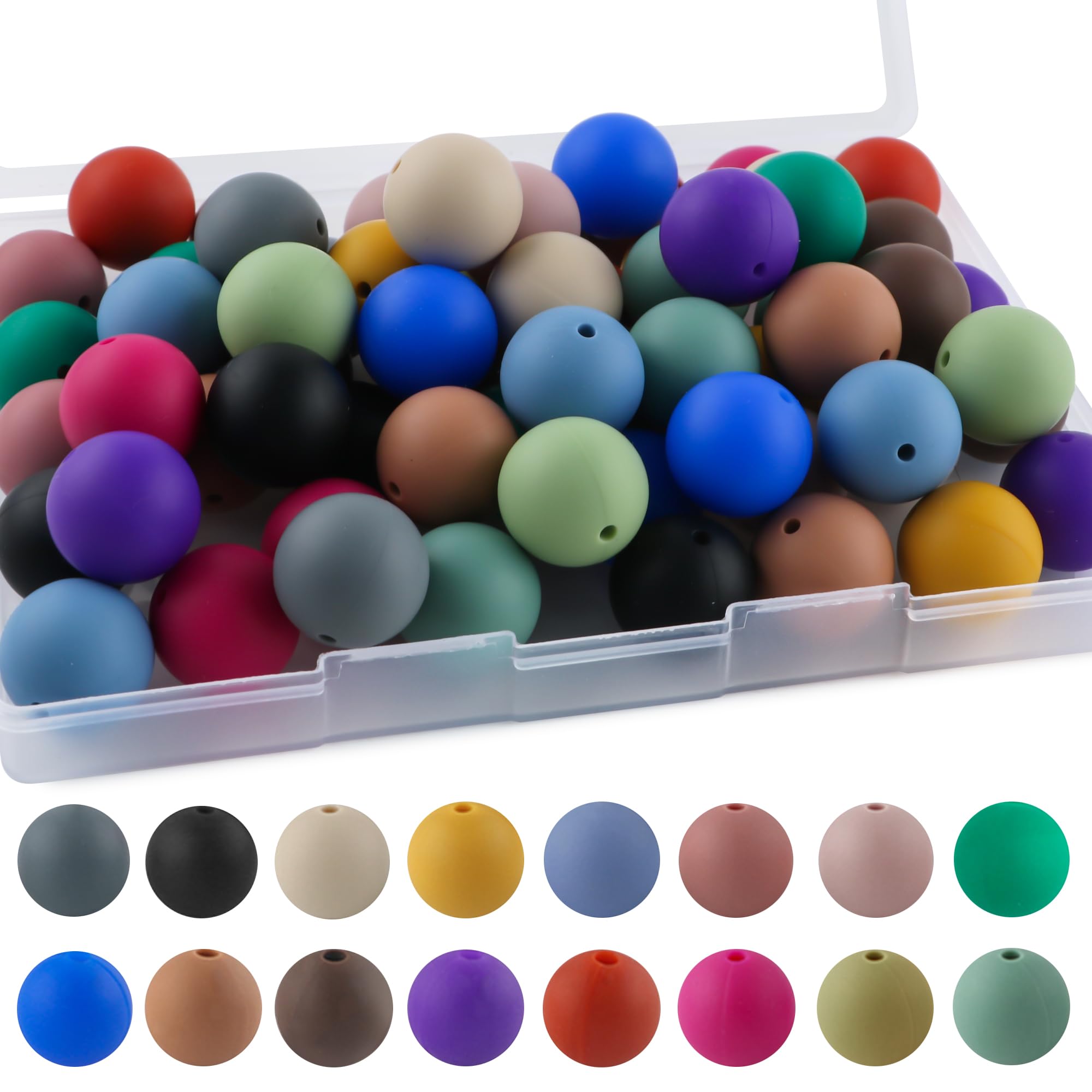 Sunrony 64Pcs 19mm Silicone Beads for Keychain Making, Mixed Color Round Silicone Beads for Pens and Necklace Bracelet Crafts Making (Multicolor Deep) — image 1