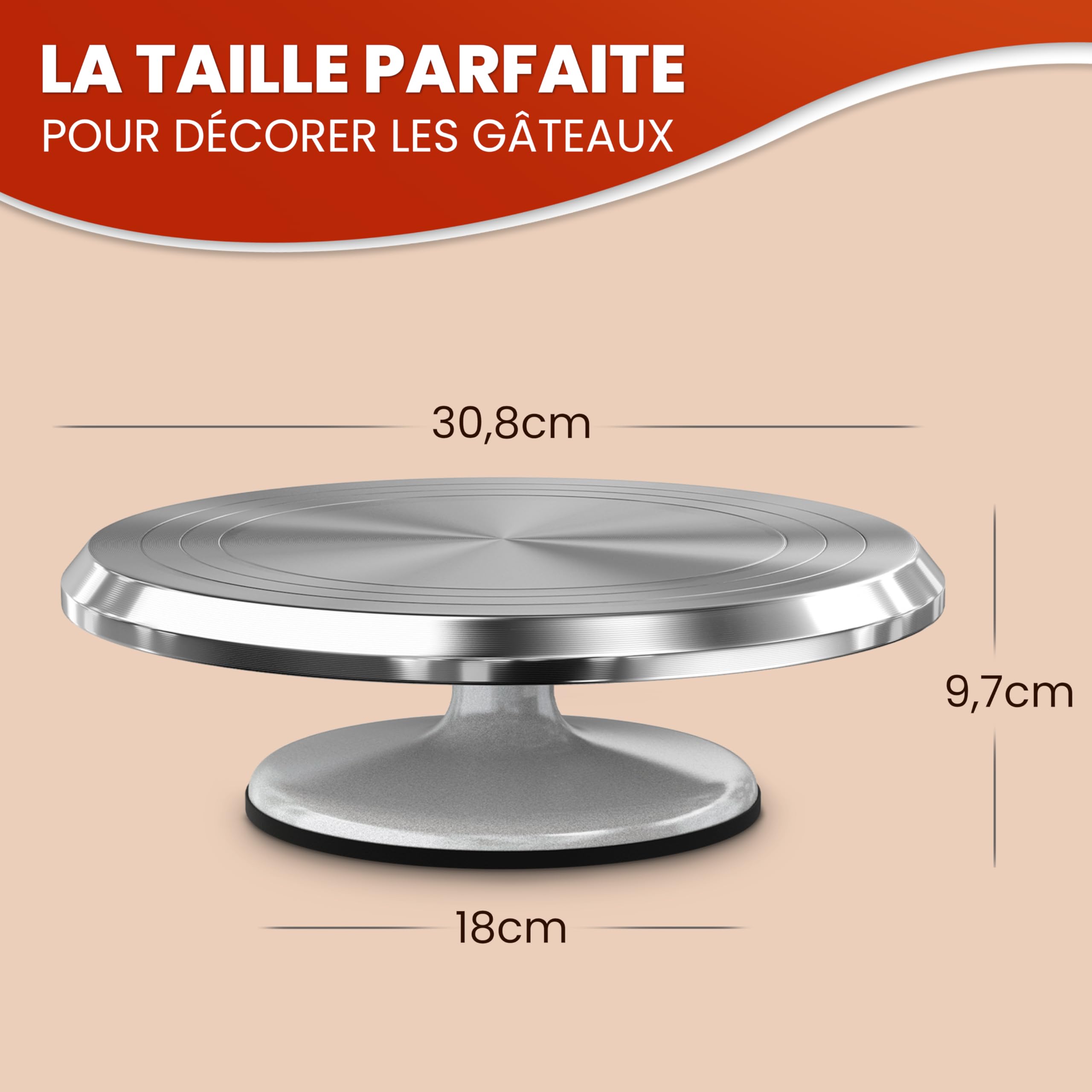 Plateau tournant pâtisserie en aluminium de qualité | Plateau tournant gâteau 30 cm avec fond antidérapant | Précis et stable | Ustensiles pâtisserie professionnels