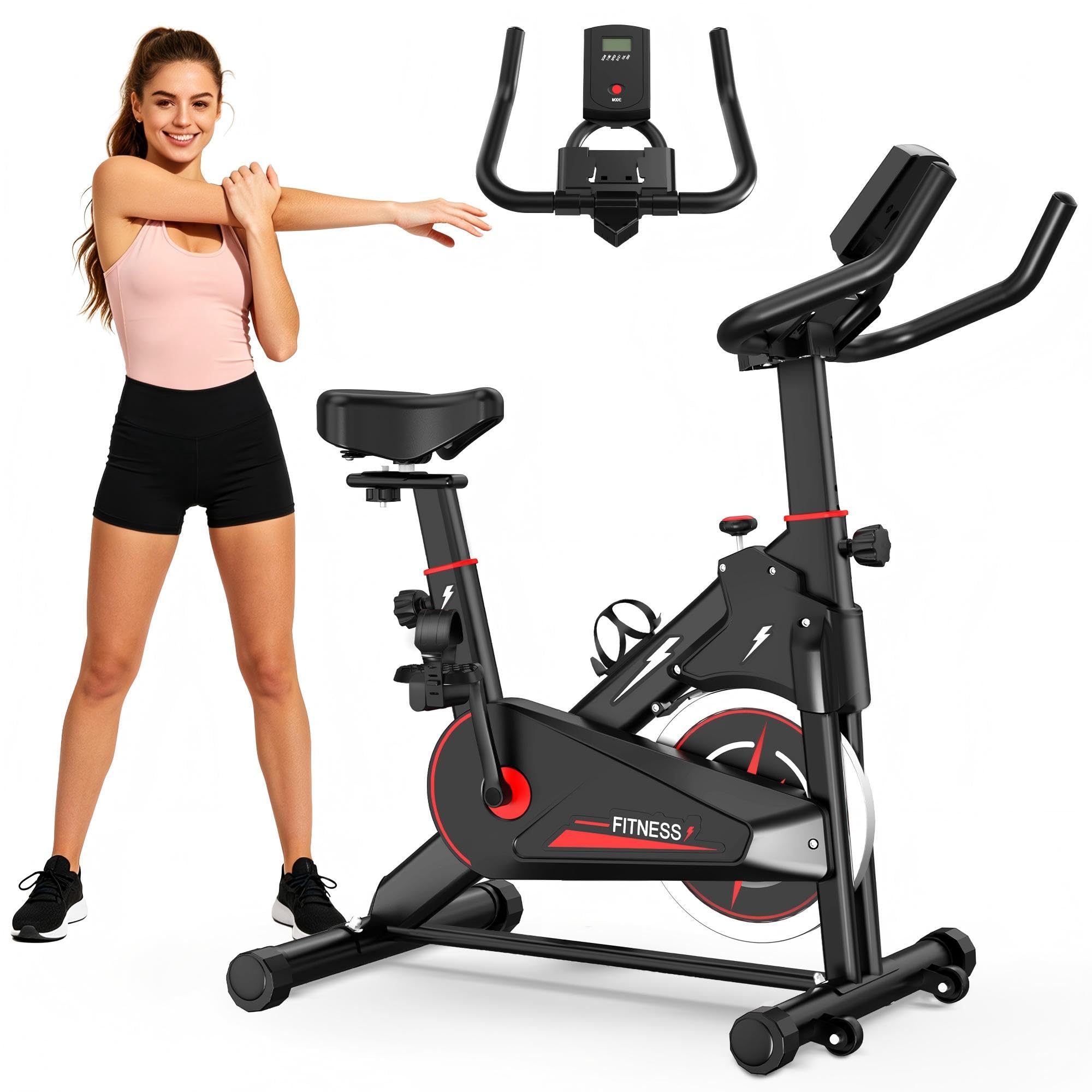 Indoor Exercise Bike, Stationary Cycling Bike with Monitor (Red)
