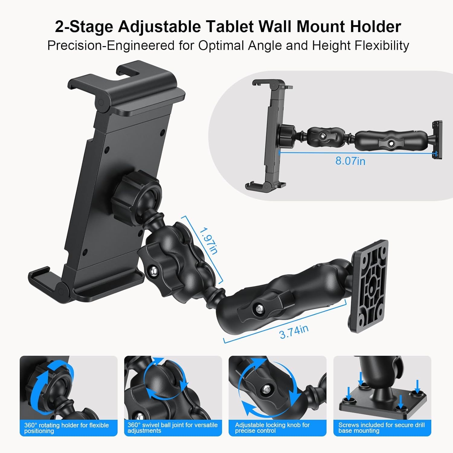 PLDHPRO Soporte de pared para tableta, iPad, para camión, tableta, base de perforación con 360 grados, brazo largo ajustable de 2 niveles para Samsung, Pro, Air, Mini, Firehd, pared, cocina, baño, 5,1