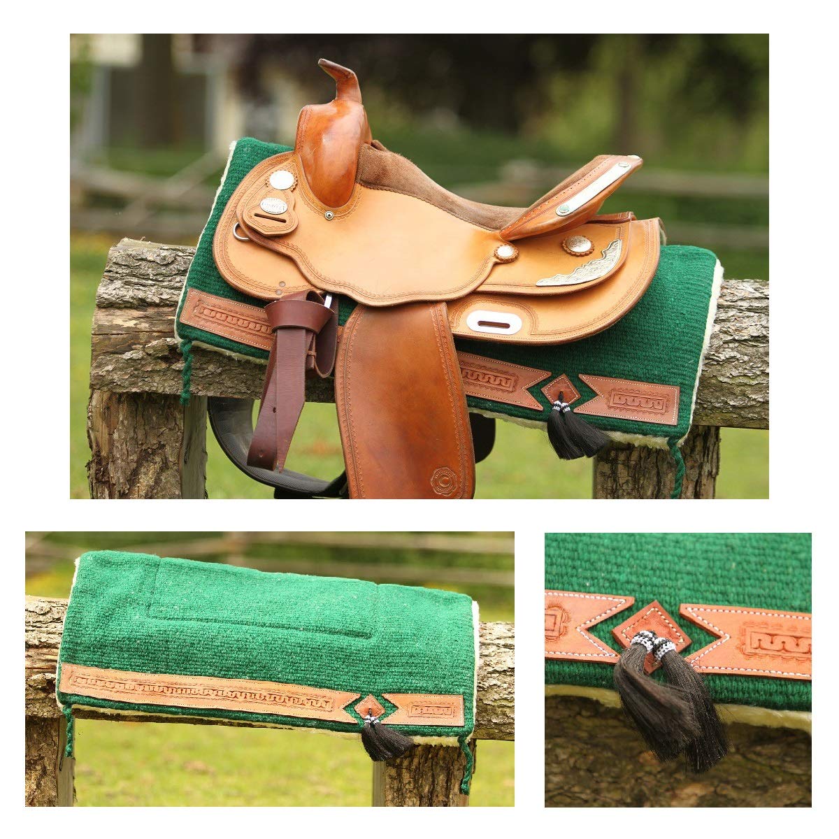 NETPROSHOP Pony Western Pad mit weichem Webfell und Lederverzierung, Rückenlänge 62 cm, Dunkelgrün