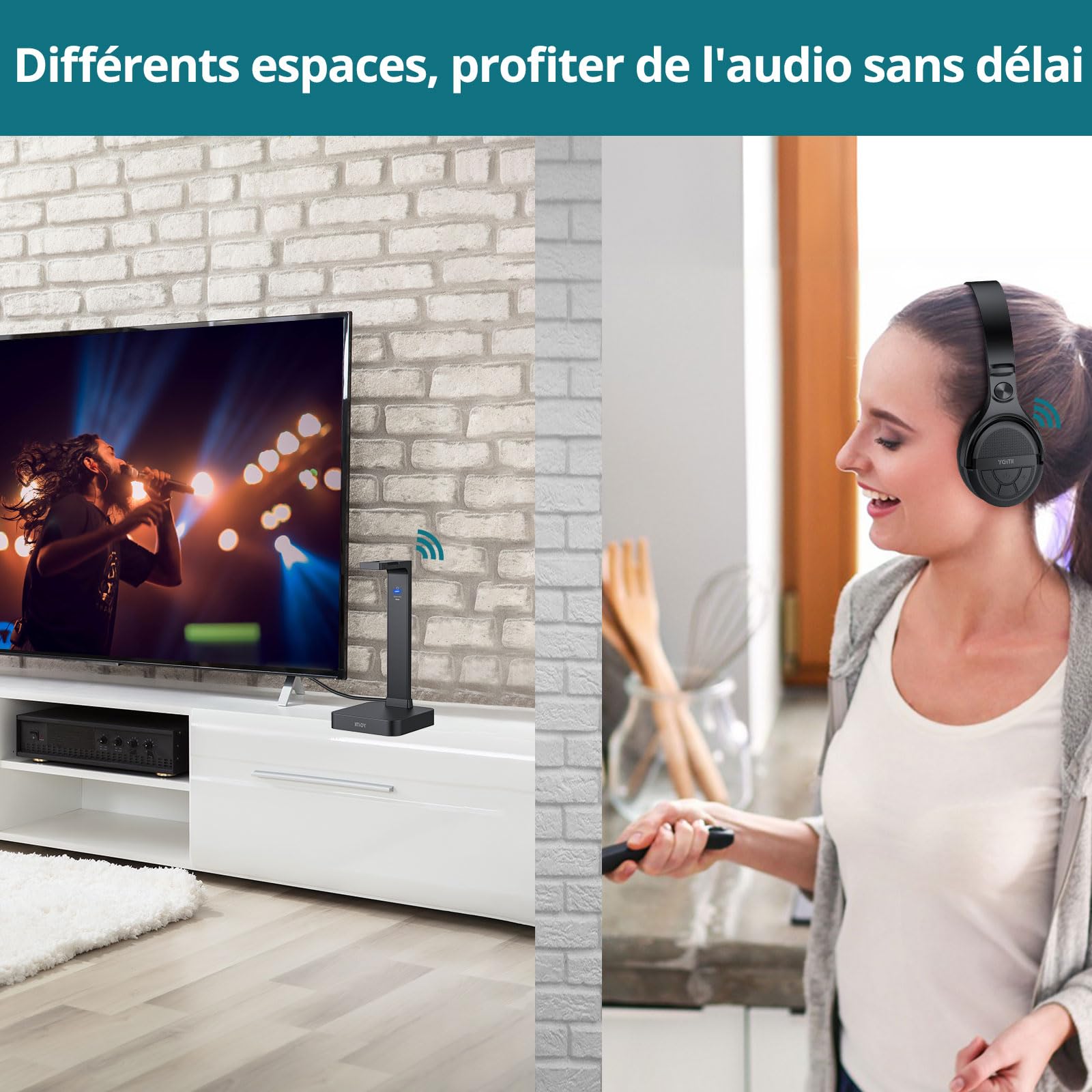 Casque sans Fil pour Télévision avec Station de Charge Émetteur RF 2,4 GHz Casque Supra-auriculaire avec Câble Optique à 3.5mm, Portée de 30 mètres et Batterie Rechargeable