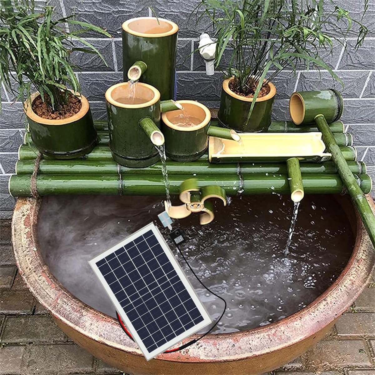 Kit fontana solare in bambù con beccuccio, fontana giapponese da giardino con pompa, filtro dell'acqua da 10 W e tubo da 2 m, per patio o uso interno/esterno