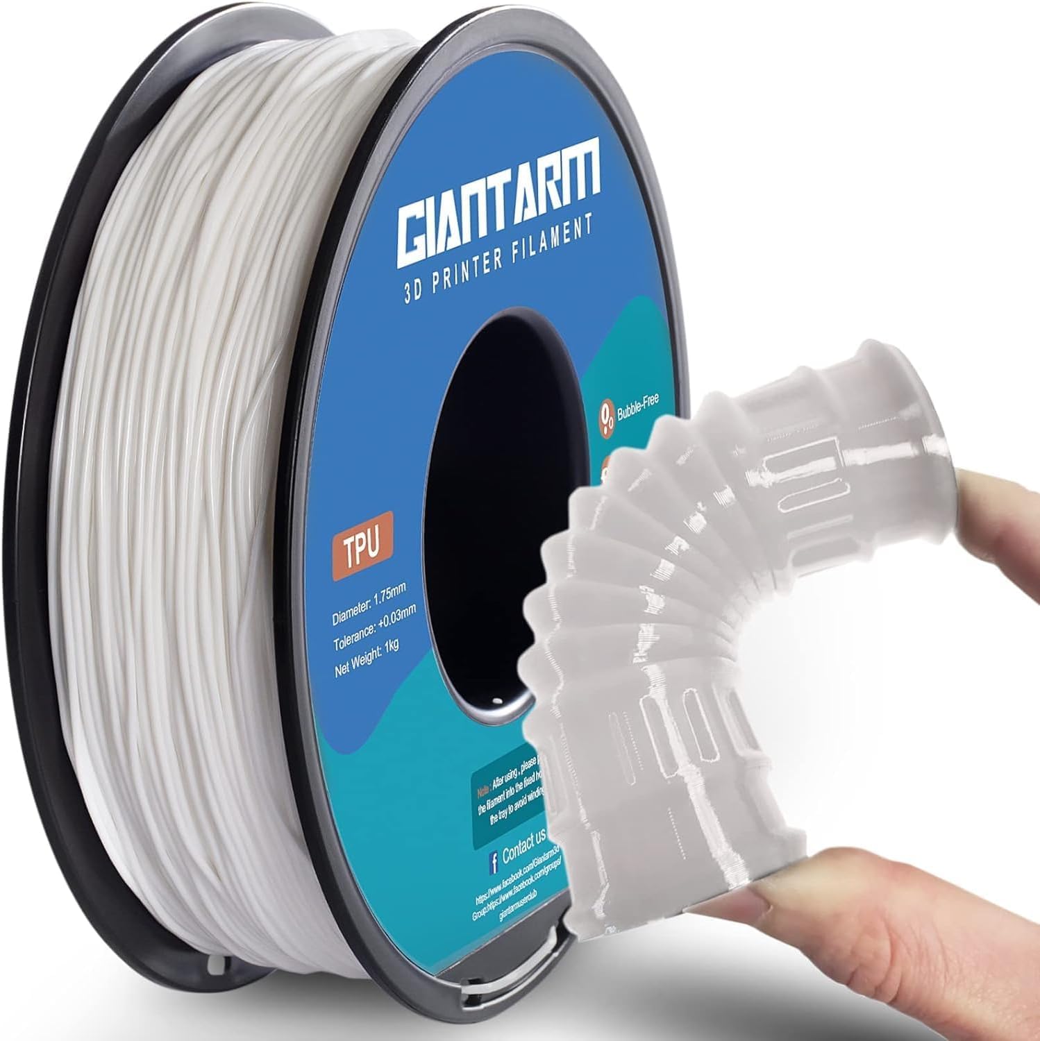 TPU Filamento per stampante 3D, Filamento TPU GIANTARM 1,75 mm, precisione dimensionale +/- 0,02 mm,1 kg, Bianco
