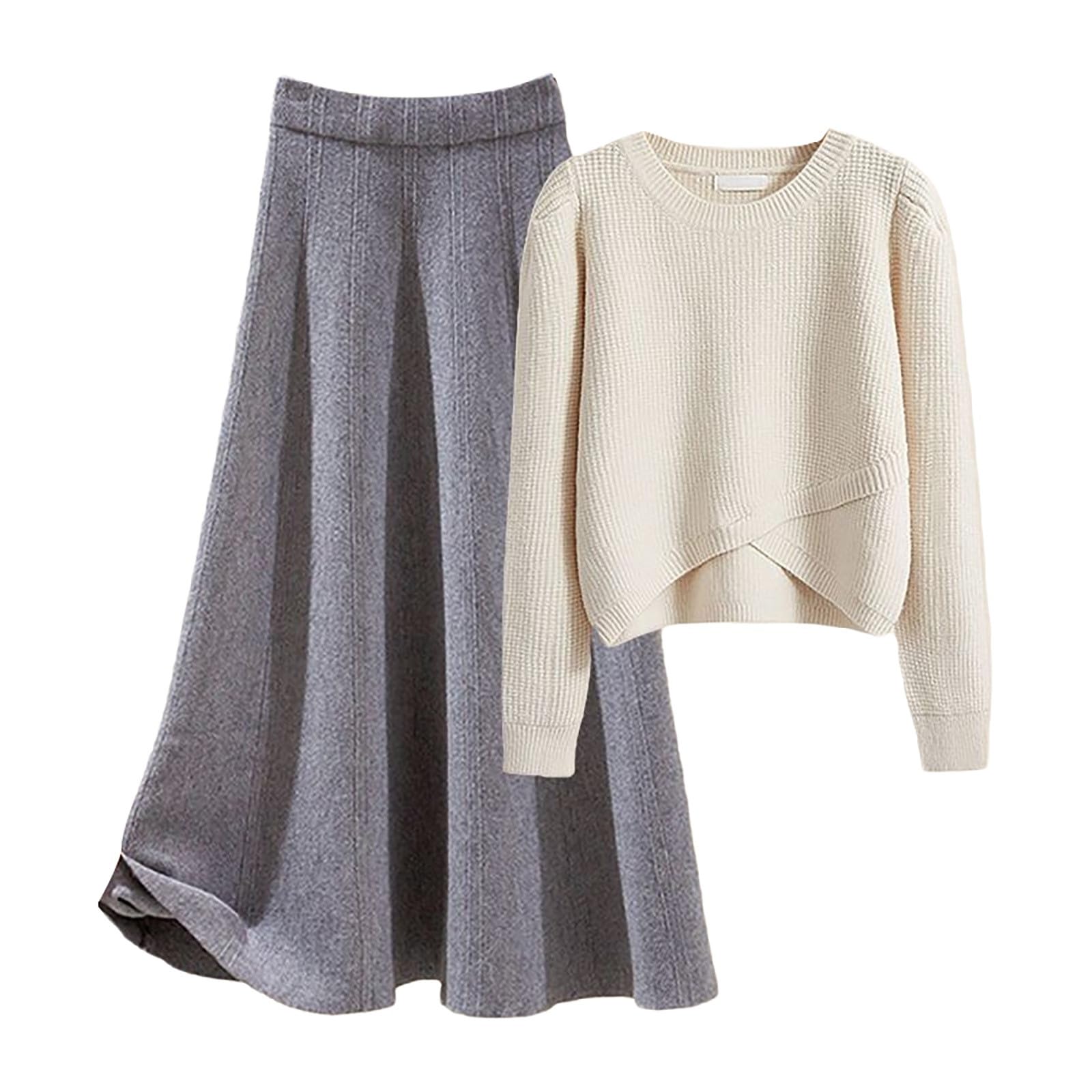 Generisch Set gonna a maglia da donna a maniche lunghe e a vita alta, maxi gonna, due pezzi, set di maglioni a maglia Blues Midirock 2 pezzi per la casa clubwear top bodycon elegante gonna per feste