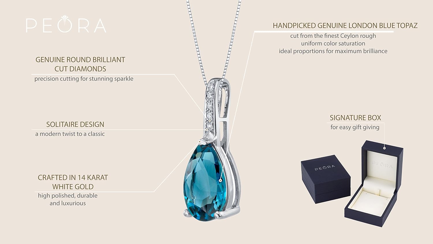 PEORA Genuine London Blue Topaz and Diamond Teardrop Pendant for Women 14K White Gold, 3 Carats Pear Shape, AAA Grade, December Birthstone Necklace, Gold Necklace, w/Jewelry Box