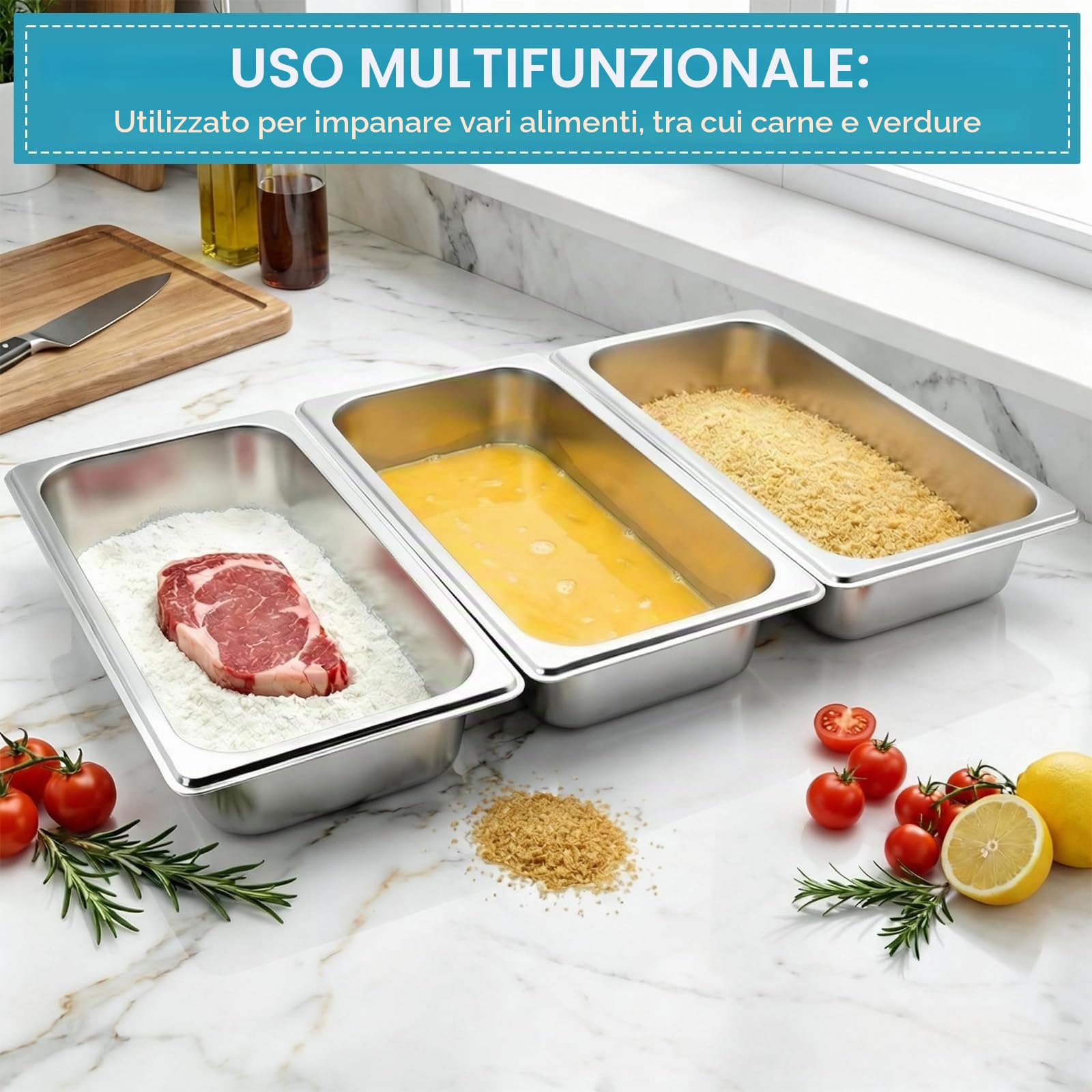 Set di 3 vaschette per impanare, set per impanare in acciaio inossidabile 32,5 x 17,5 x 6,5 cm facili da pulire, impilabili Vaschette per impanare carne, pesce e verdure