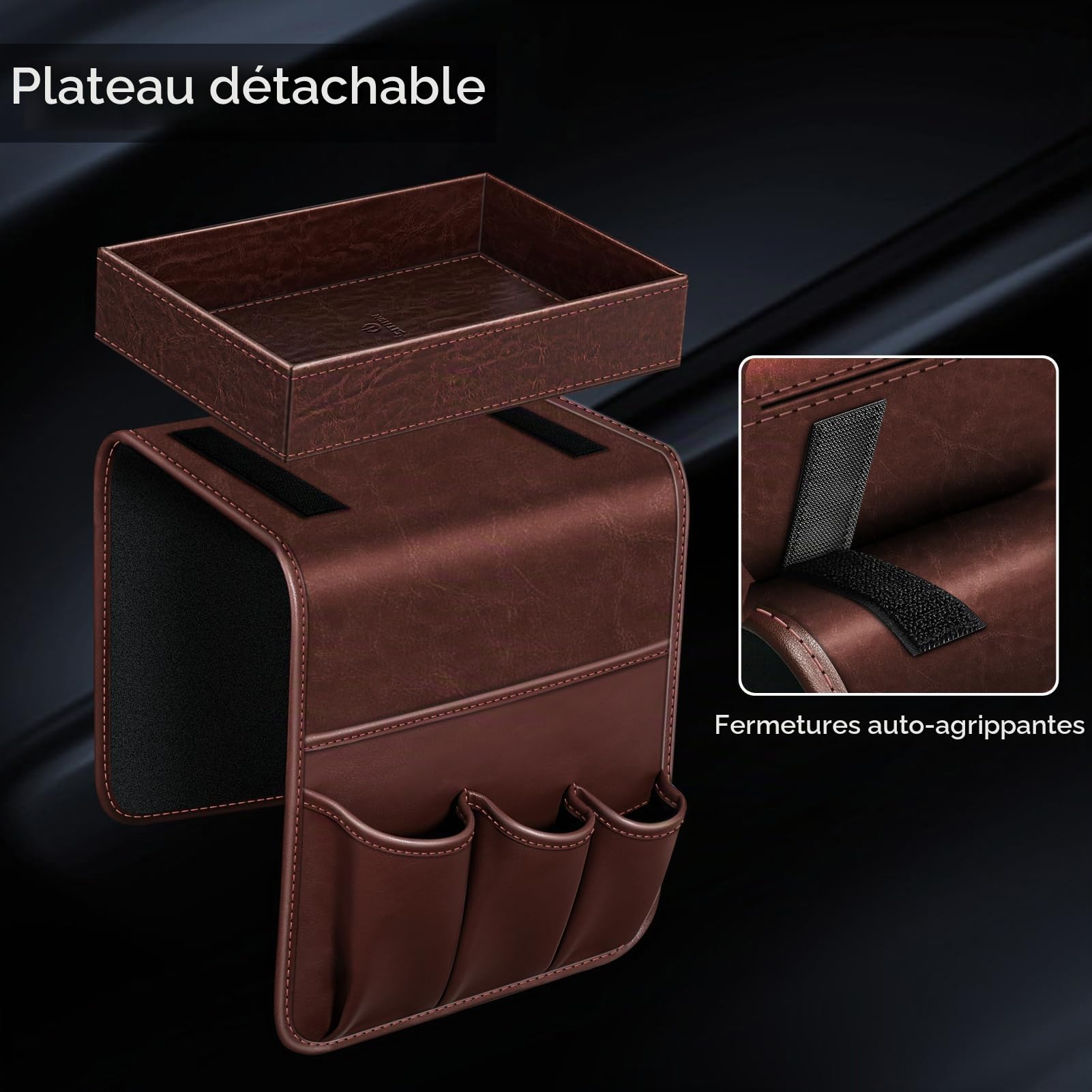 SITHON Canapé Accoudoirs Organisateur avec Plateau amovible, [Antidérapant] Sac de Rangement Canape en cuir PU avec 5 poches pour Tablettes, Magazines, Télécommande, Téléphone, et Livres, (Brun)