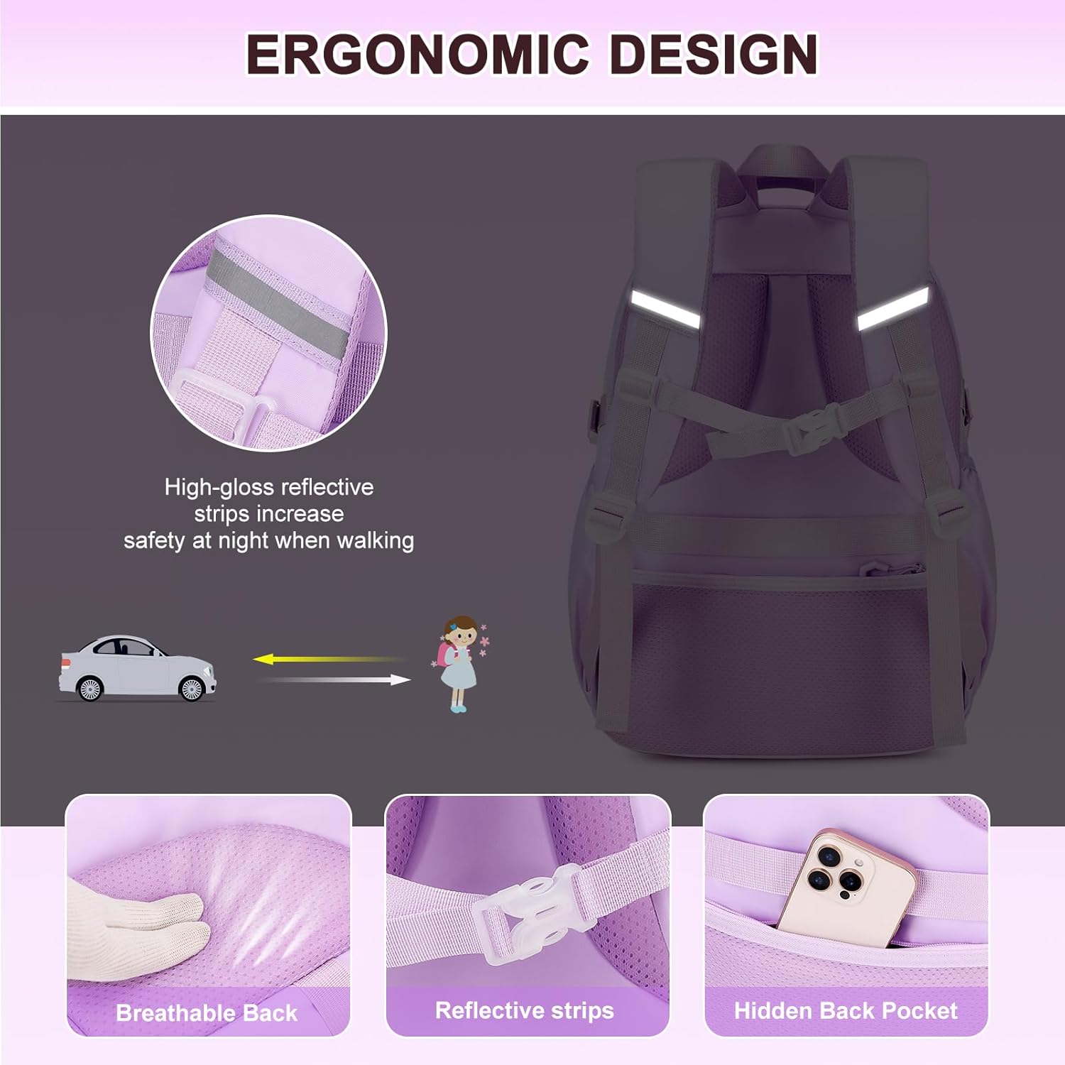 3PCS Girls Backpack for School, Kids School Backpack for Girls with Lunch Bag Pencil Case, Kids School Bookbag Teen Girls Backpacks for Elementary Middle High College School (Purple) - Image 6