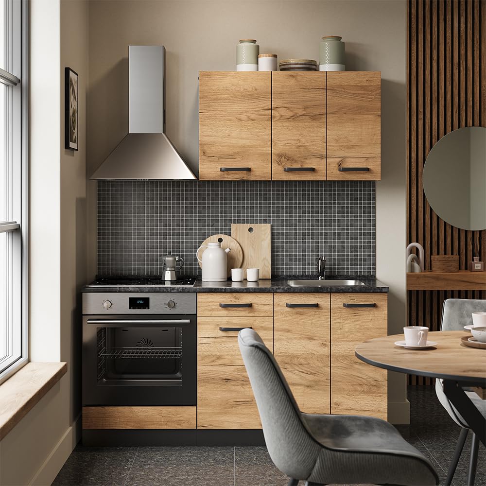 Vicco Singleküche R-Line, Goldkraft Eiche/Anthrazit, 160 cm mit Herdumbauschrank und Spüle mit AP, zur Integration von Elektrogeräten und Spüle vorbereitet