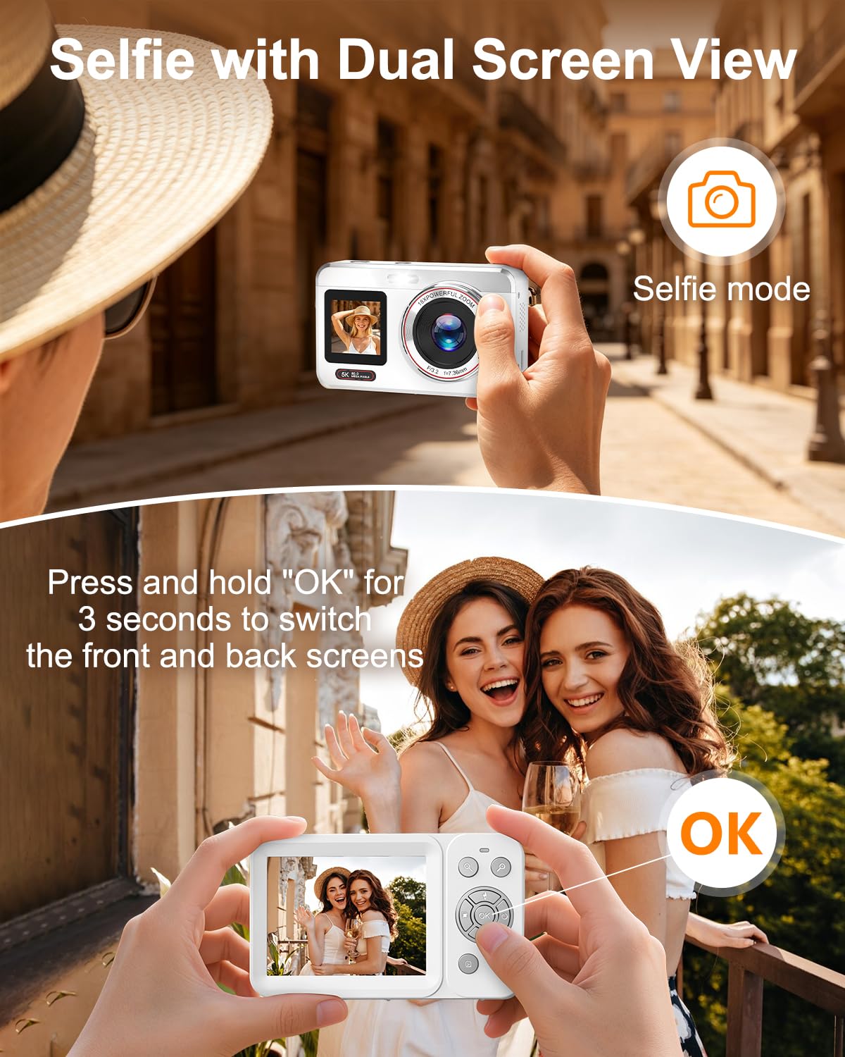 Fotocamera digitale 5K con messa a fuoco automatica, fotocamera da 80 MP per YouTube, fotocamera Vlogging a doppio schermo per viaggi, zoom 18x, fotocamera compatta per principianti e