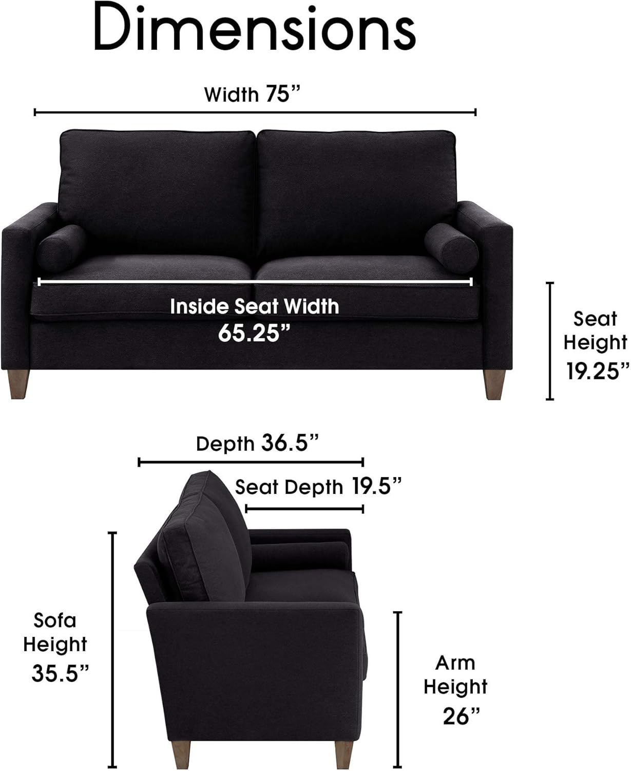 Elle Decor Porter Upholstered Loveseat Sofa, Contemporary Track Arm 75-Inch Wide Living Room Couch for Small Space, Natural Wood Finish Legs, Deep Charcoal