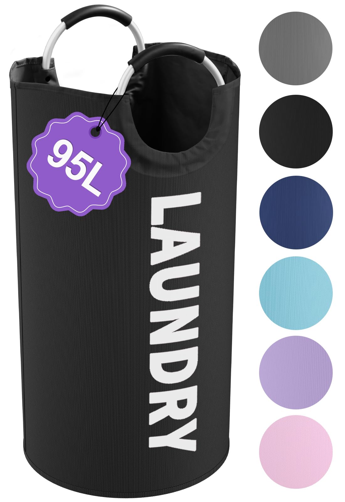 95L Large Laundry Hamper for Adult, Foldable Black Laundry Basket with Soft Handles, Freestanding Dirty Clothes Hampers, Portable Laundry Bin for Flat, Bathroom, Black