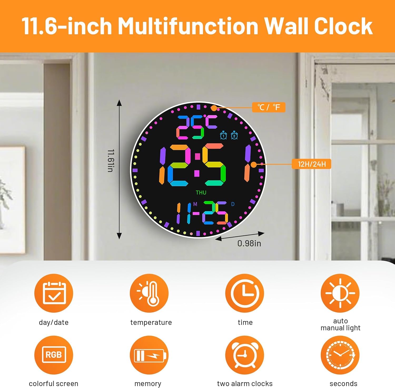 Elecbee Horloge murale numérique de 30,5 cm – Grand écran LED avec rétroéclairage RVB à distance – Réveil calendrier et température (interrupteur C/F), luminosité réglable pour chambre à coucher