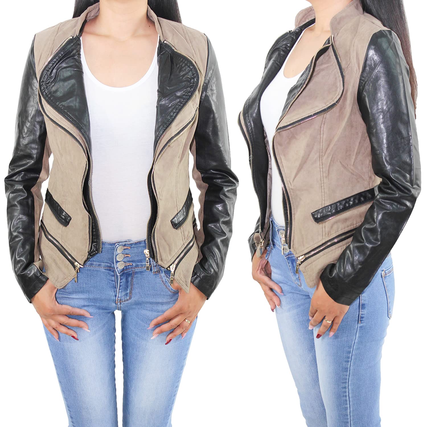Damen Kunst Lederjacke Wildleder Look Biker Jacke Übergangsjacke