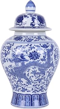 Big Chinoiserie Blue and White Porcelain Ginger Jar with Lid- Handcrafted Decorative General Ginger Jars for Home Decor, Ginger Jar Vase Flying dragon