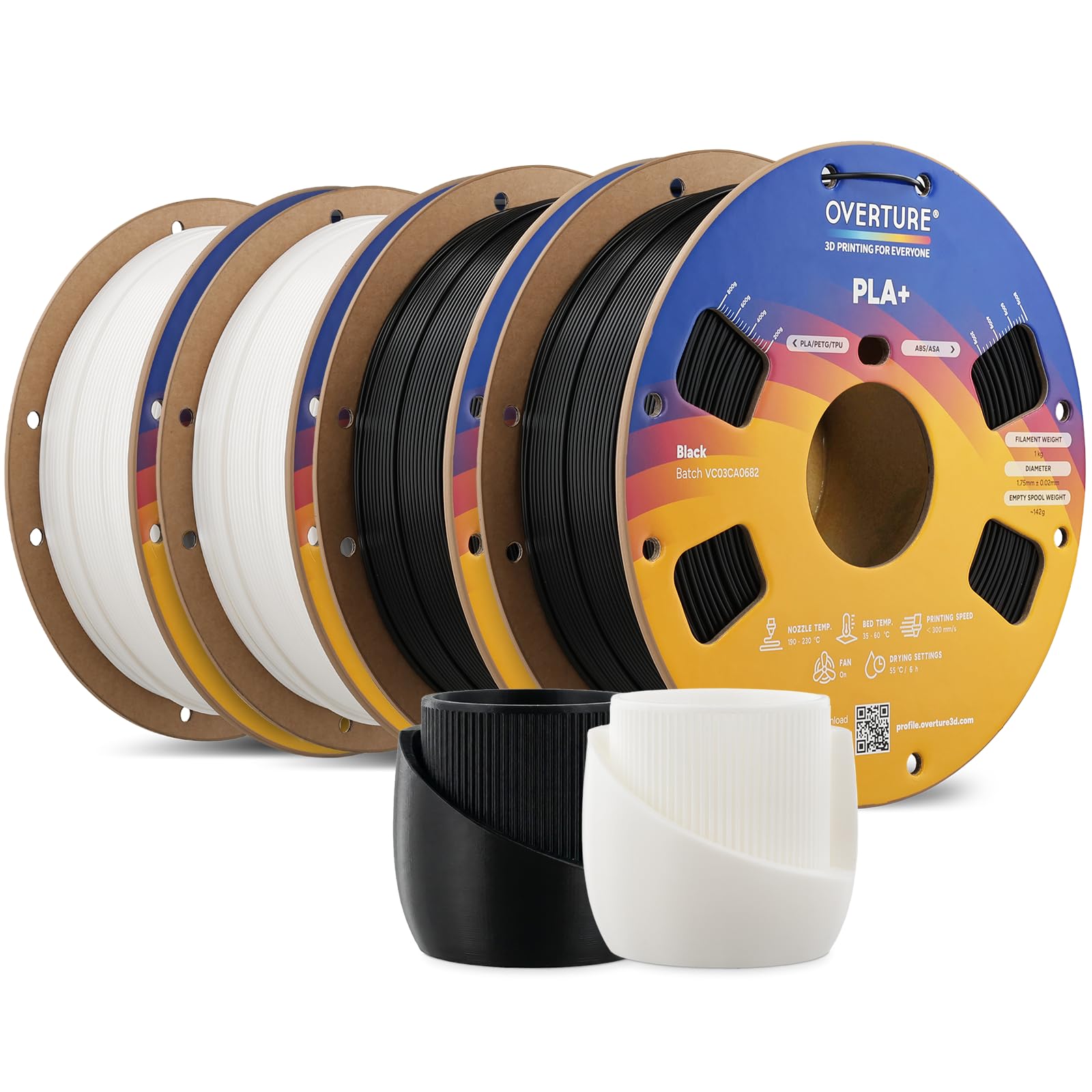 OVERTURE PLA+ szpula filamentu, 1 kg, 1,75 mm, kolor czarny x 2 + biały x 2 x 4 kg