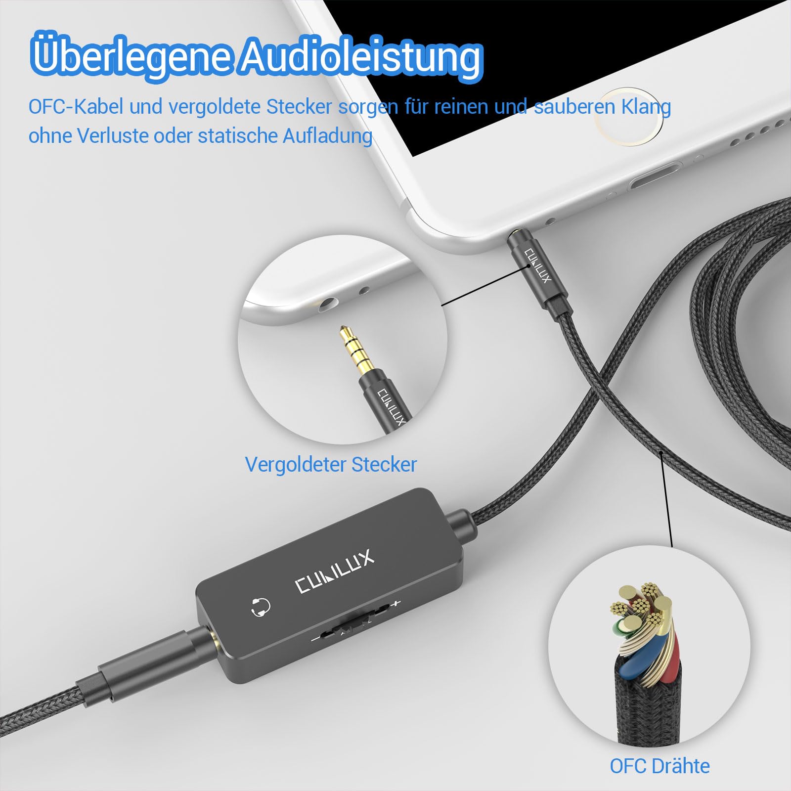 Cubilux 3,5 mm TRRS Lautstärke Dämpfer Kabel, 1/8 Zoll Verlängerung mit Audio Lautstärkeregler, In Line Volume Controller für Kopfhörer und Lautsprecher, 4 Fuß