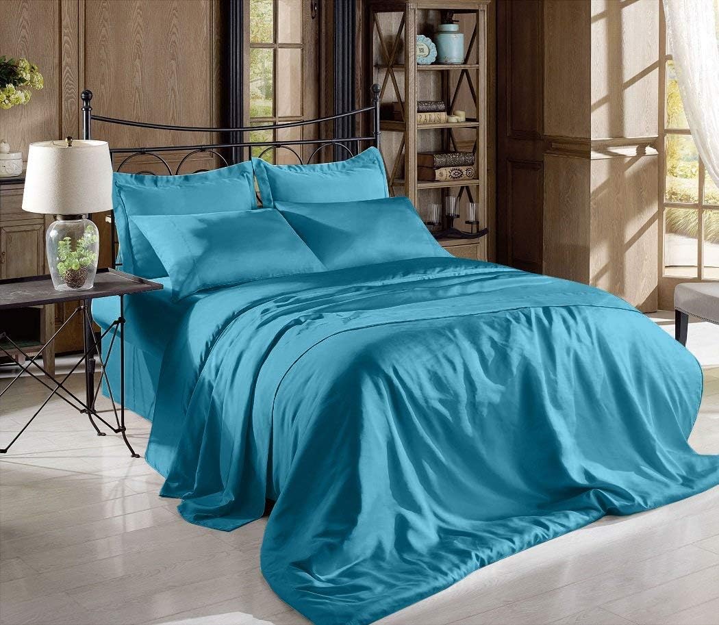 Flow's Linen Luxury and Soft Sexy Satin Short Queen Size 4-PCs Sheet Set Fits 22" Deep Pocket (Solid) Peacock Blue Color