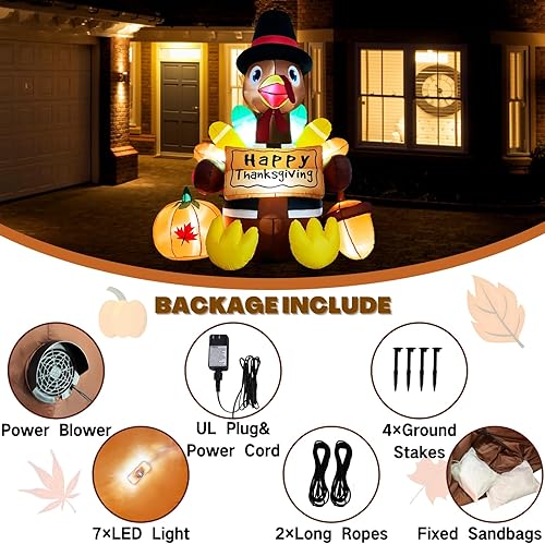 Miniatura 5 de Inflatable Turkey Lawn Decoration Thanksgiving Inflatables Outdoor Yard Decorations 6ft Giant Blow Up Turkey with Pilgrim Hat Led Light for Happy