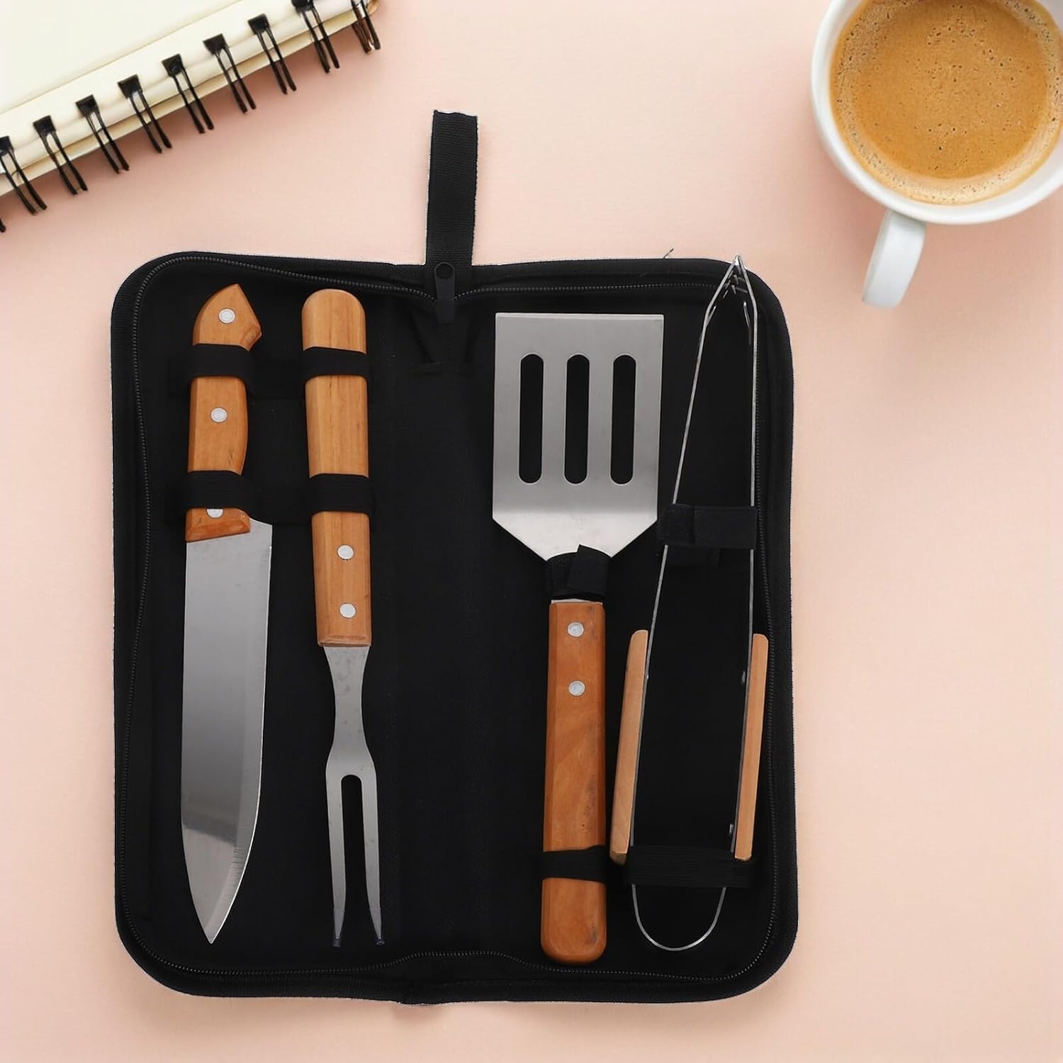 Stainless Steel BBQ Grilling Tools Set with Fork Spatula Tongs and Portable Carry Bag, 4pcs Outdoor Barbecue Accessory Kit for Camping Picnic Backyard