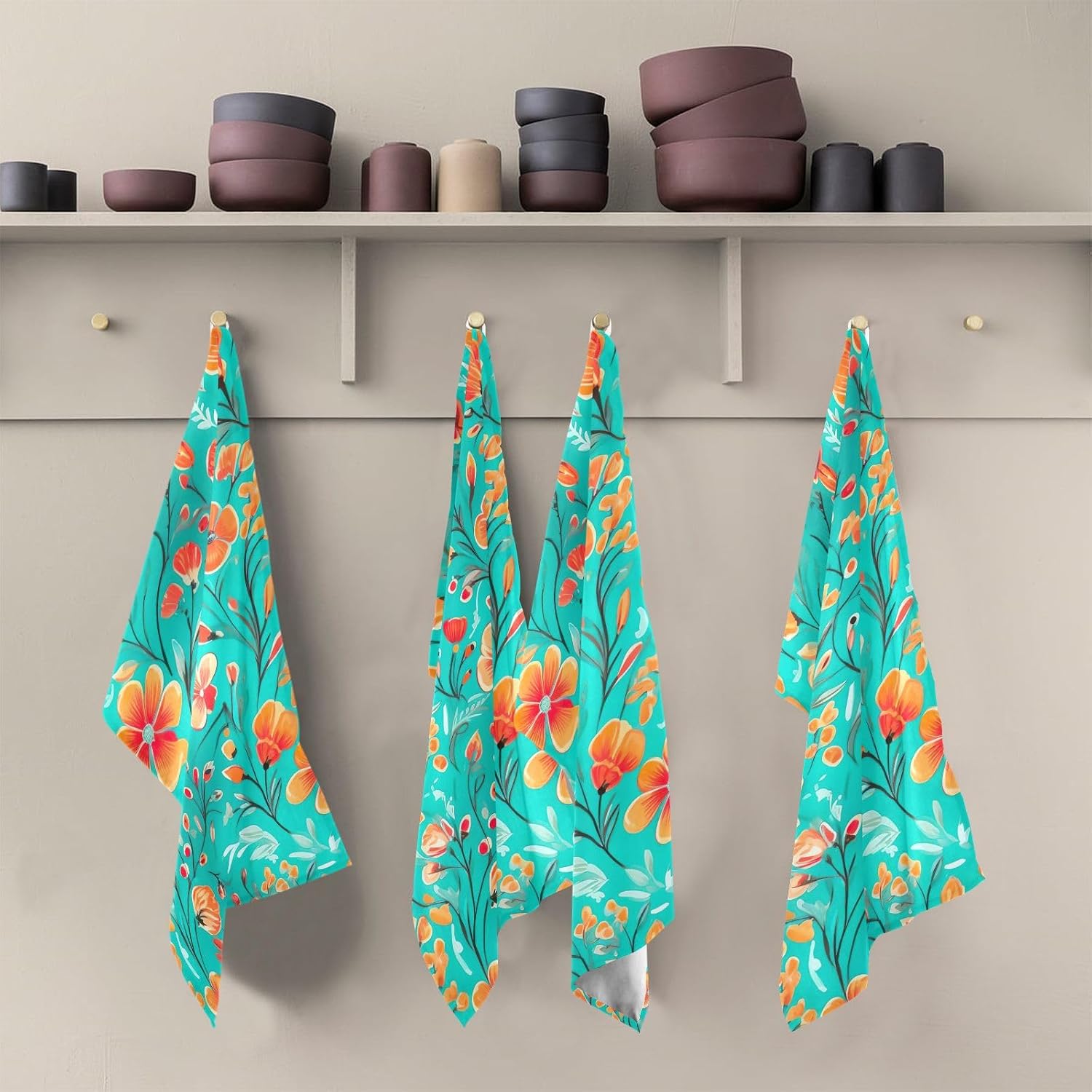 Turquoise Orange Floral Kitchen Dish Towels, Soft Hand Towels for Kitchen, Decorative Towels, Set of 4-28 x 18 Inch