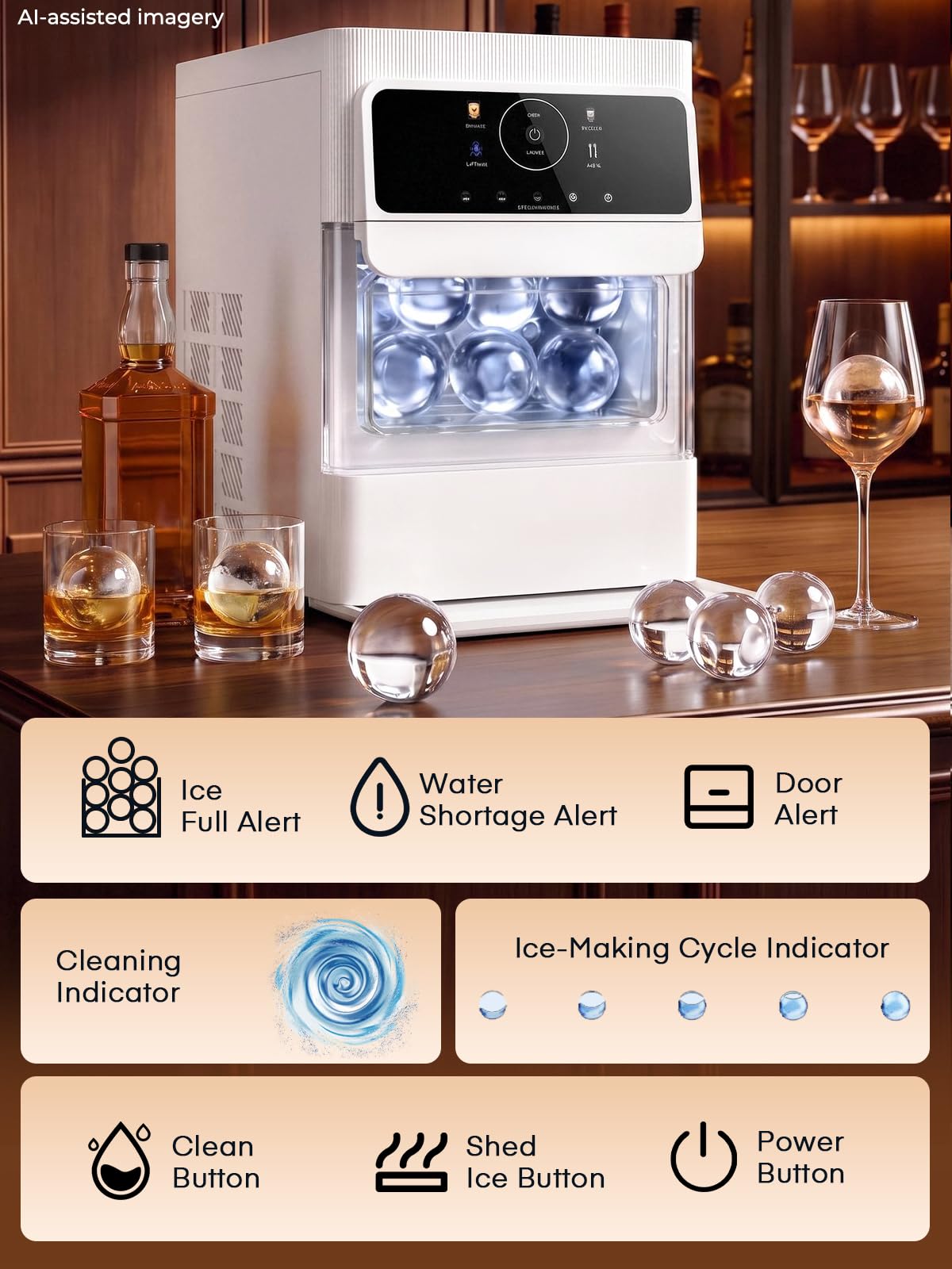 Máquina de Hielo en Esferas, 3 Pzas Esferas de Hielo Extra Grandes de 2.5" Transparentes y sin Grietas en 45 Min, Panel Táctil LCD & Autolimpieza para Cóctel Whiskey Bourbon