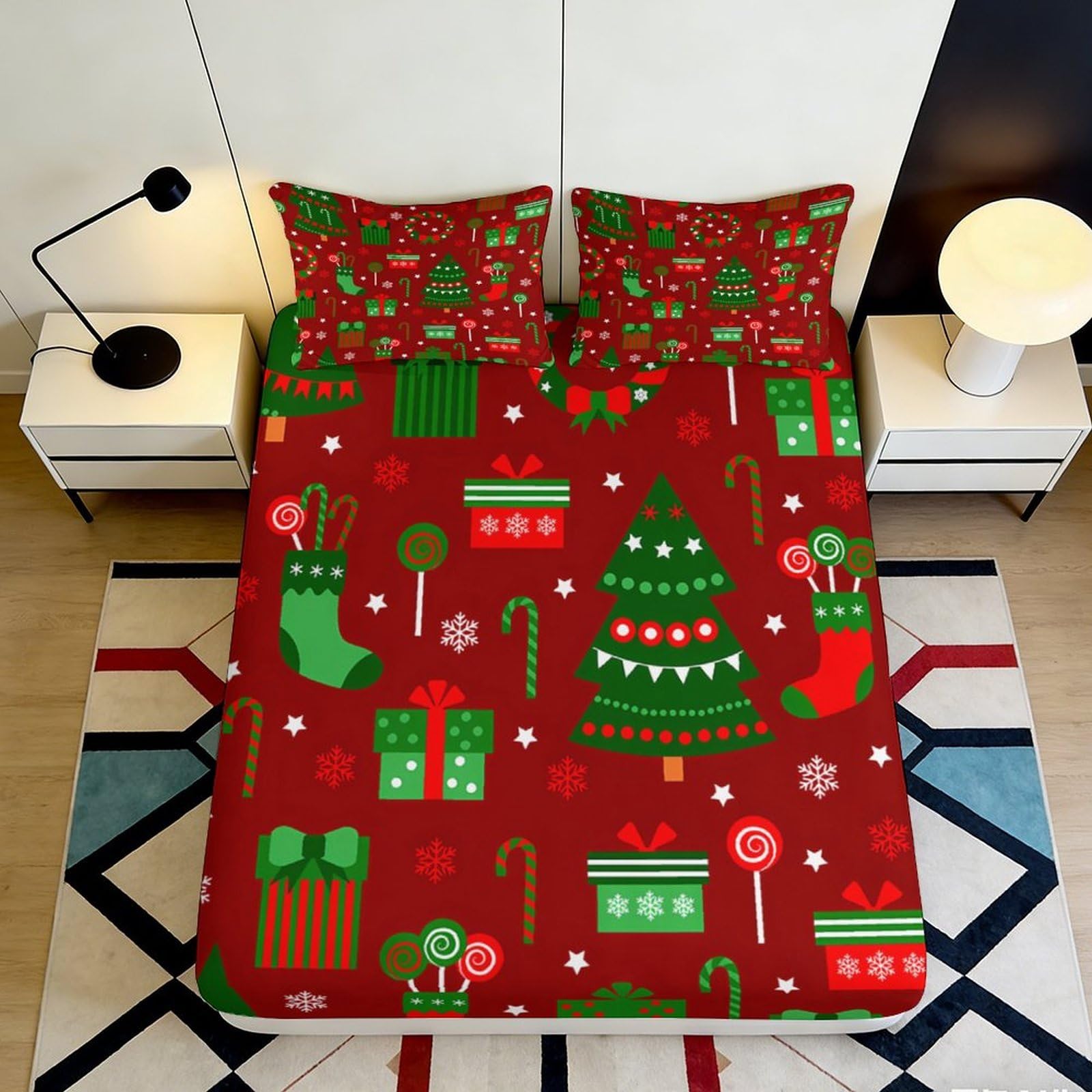 3D Printed Christmas Tree Fitted Sheet Microfiber Soft Breathable Mattress Cover for Bedroom Dormitory Guest Room Protection Decoration 200x200x25cm