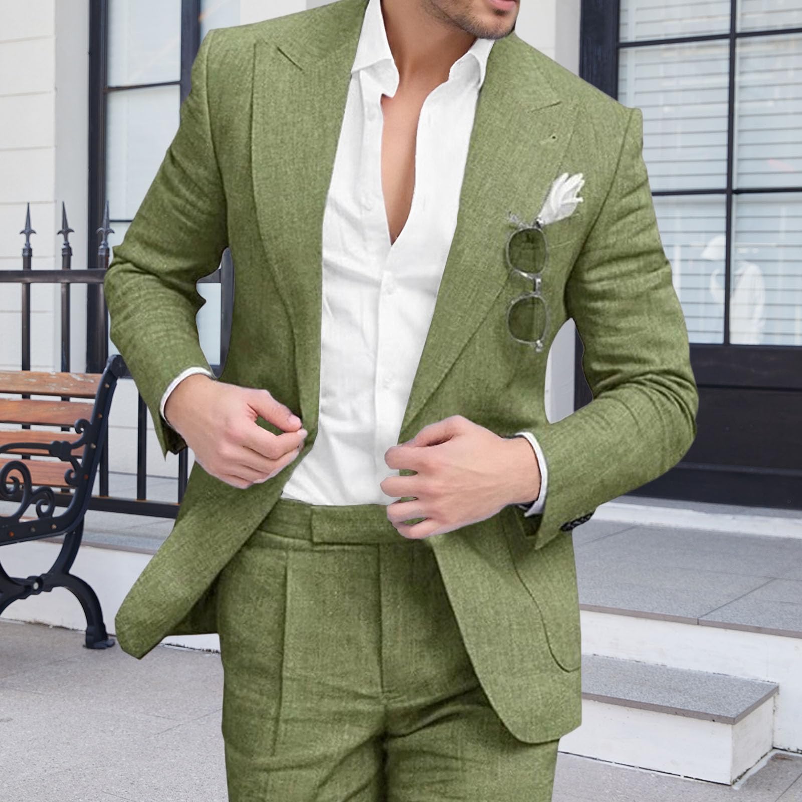 Completo da Uomo a Due Pezzi Slim Fit in Lino, Abito da Sposo Sear Sucker, Giacca e Pantaloni per Lavoro e Matrimonio.