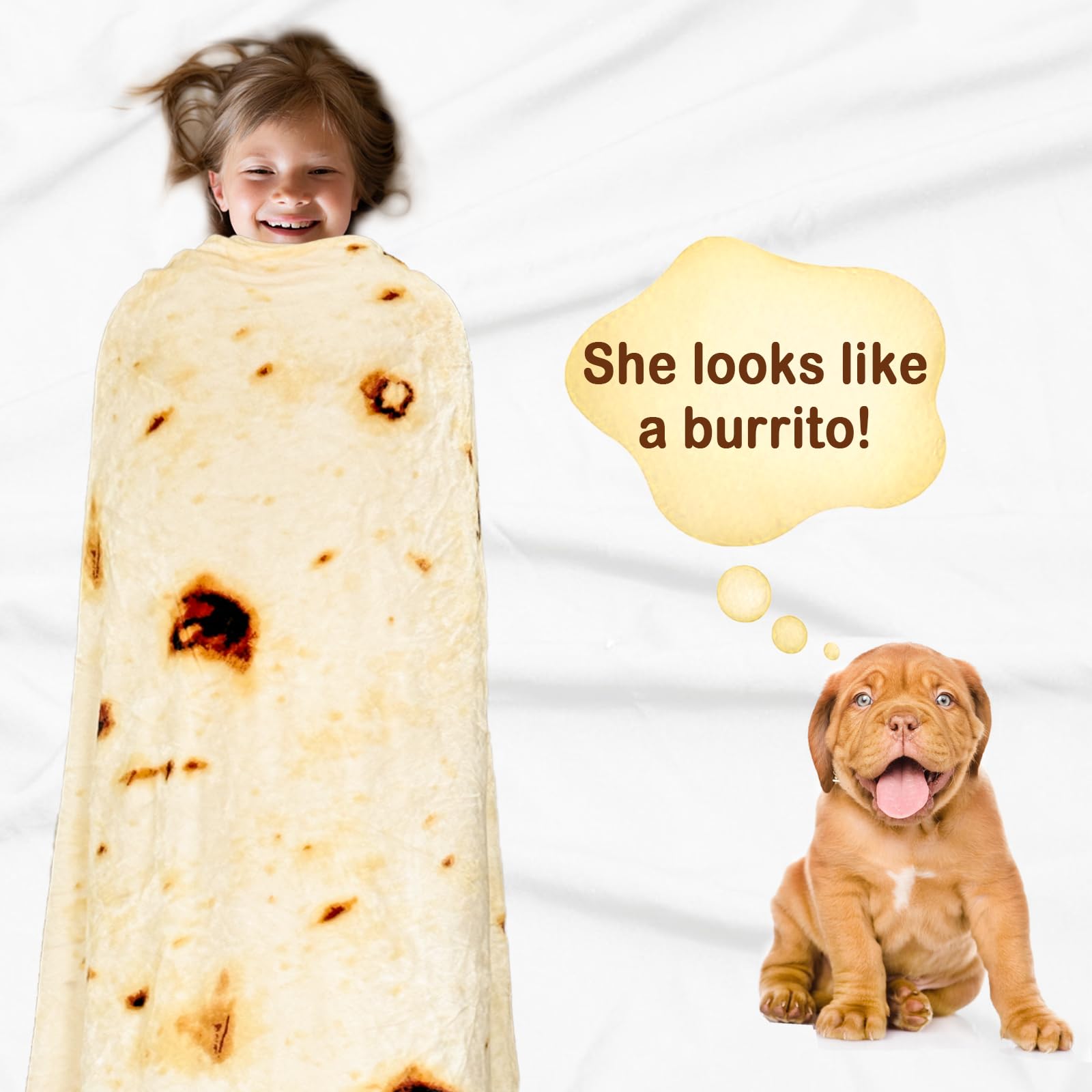 Bnuitland Burritos Tortilla Throw Blanket, 300GSM Double Sided Giant Funny Gift, Realistic Super Soft Taco Food Novelty Swaddle Blanket for Baby/Kids and Pets Wrap