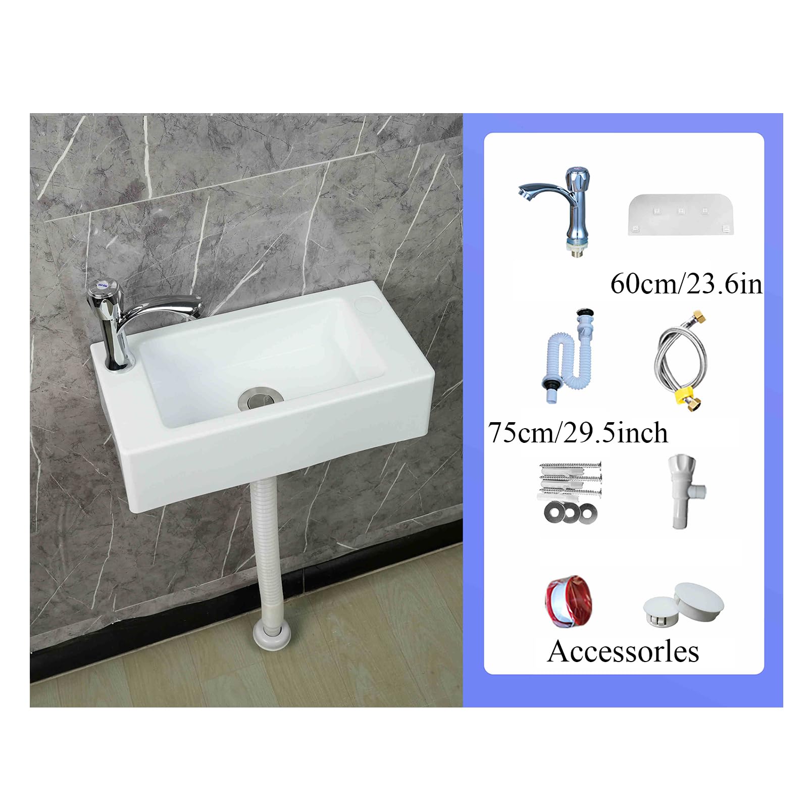 Piccolo lavabo in plastica per montaggio a parete per roulotte, camper, WC ospiti, bagno, 40 x 20 x 11 cm, bianco, ideale per campeggio, giardino, cantieri, con scarichi da 75 cm