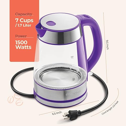 Miniatura 7 de Speed-Boil - Hervidor eléctrico para agua de 1.7 L y 1500 W, hervidor de café y té de vidrio de borosilicato, apertura amplia, fácil de limpiar,